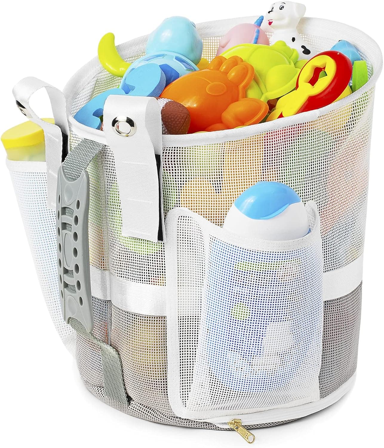 Quick Scoop Mesh Bath Toy Organizer for Tub with YKK Zipper,Multiple Ways to Hang, Ultra Large Capacity & Large Opening, Bathroom Toy Holder, Baby Bath Toys Storage Bag with 2 Side Pockets ( White )