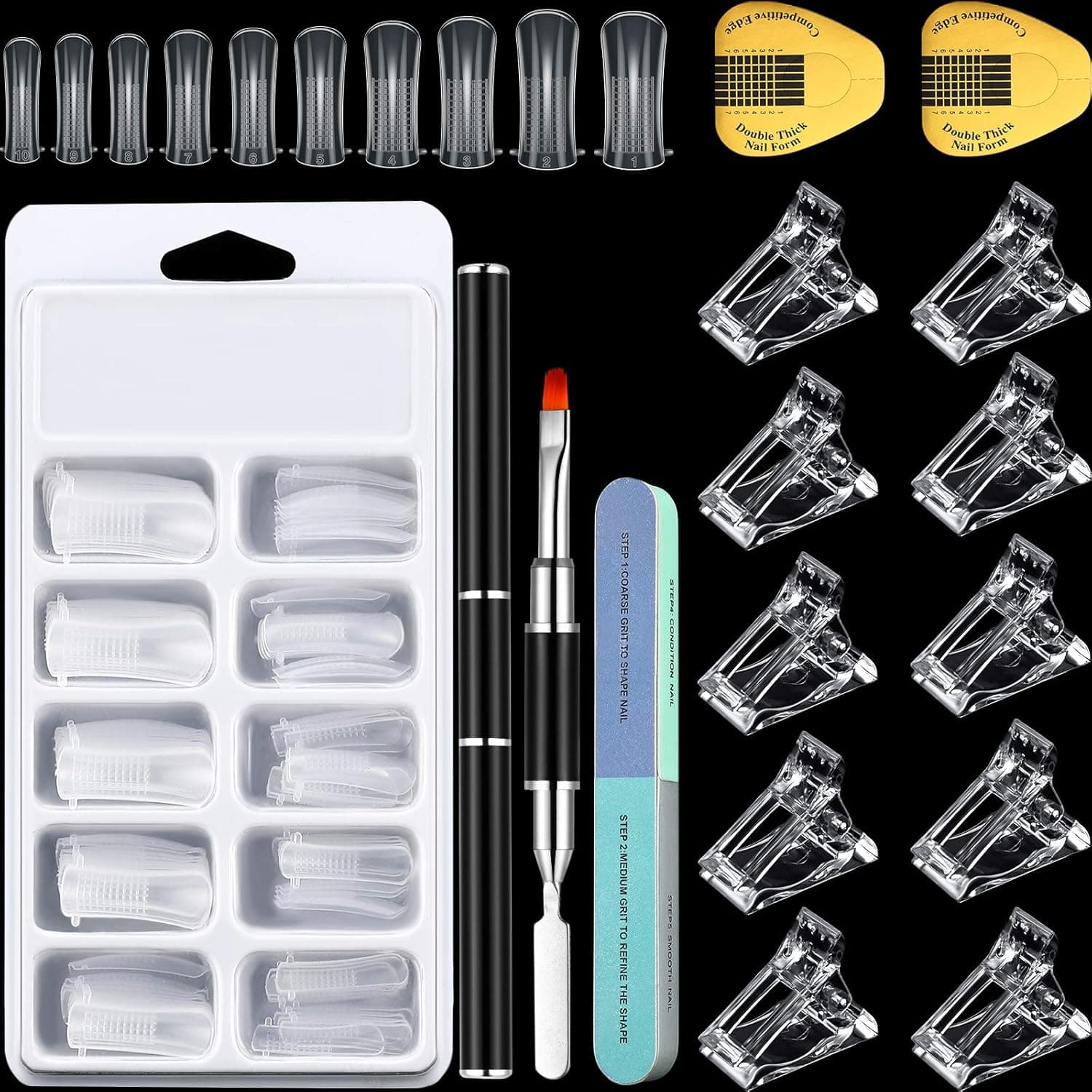 Quick Building Nail Set Nail Forms Kit Includes 100 Clear Acrylic Nails Molds 100 Horseshoe-Shaped Nail Art Extension Tips 10 Acrylic Nail Clips,Dual-End Gel Nail Extension Brush and Picker Nail File