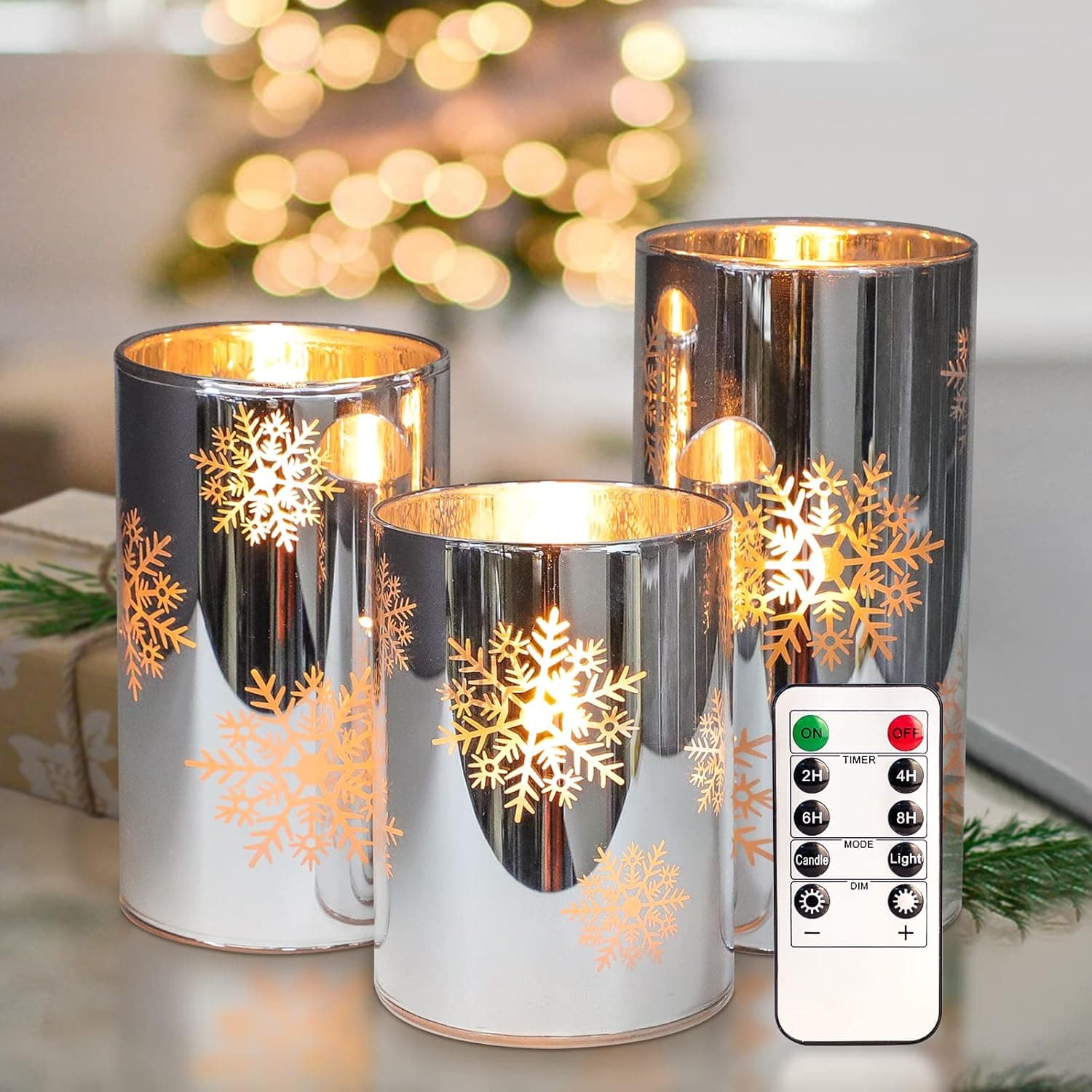 REVELBUNNY Christmas Flameless Candles, Battery Operated Snowflake LED Flickering Candles with Remote Timer, Electroplate Glass Pillar Candle for Home Wedding Party Winter Holiday Decor, Set of 3