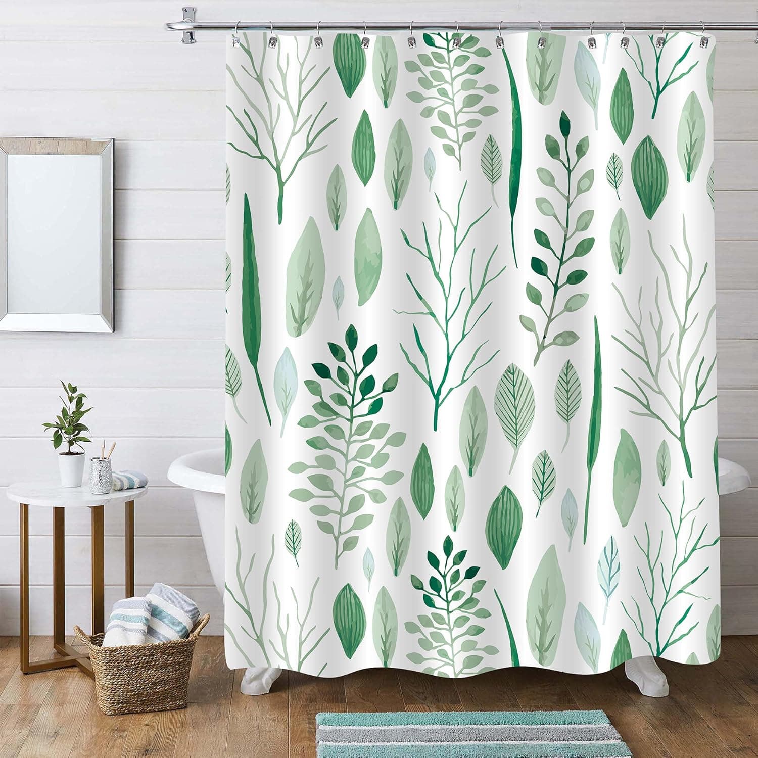 MitoVilla Green Floral Shower Curtain Set, Abstract Botanical Shower Curtain, Green and White Leaf Standard Shower Curtain for Bathroom Decor, Teal Tropical Plant Fabric Shower Curtain, 72 x 72