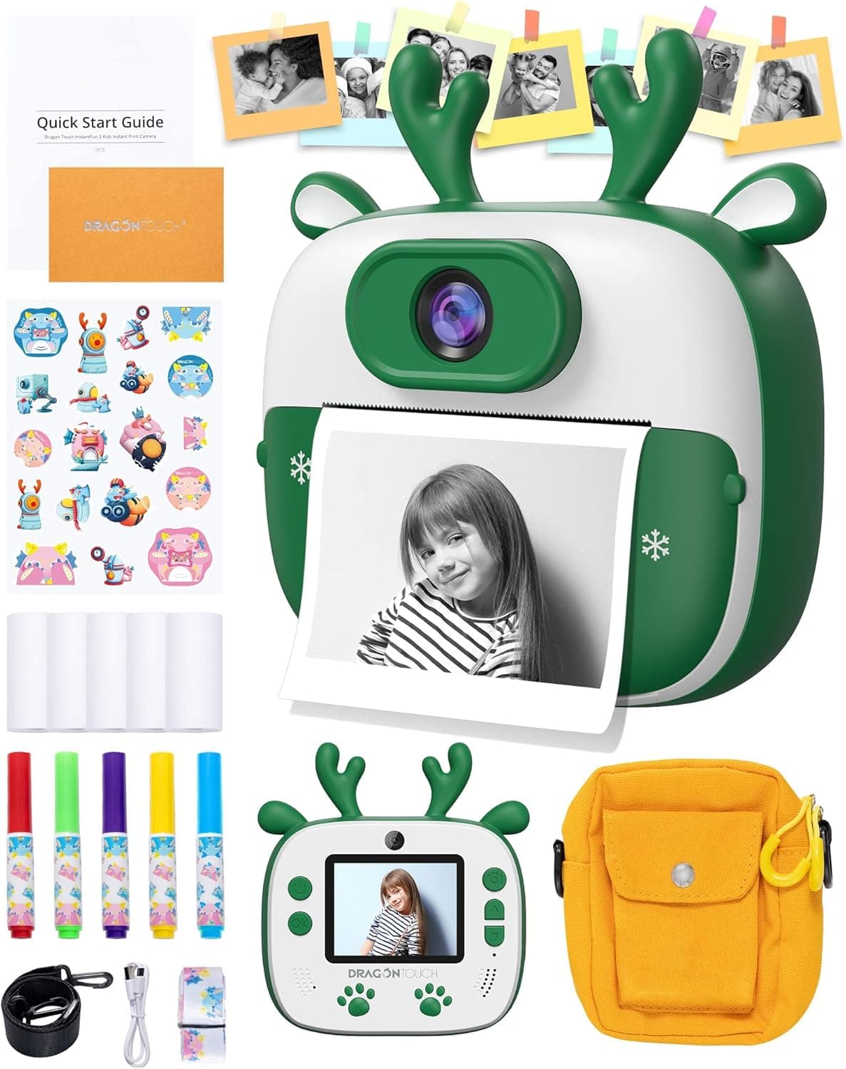 Dragon Touch Instant Print Kids Camera, InstantFun2 Digital Camera with Dual Camera Lens, Print Paper, Cartoon Sticker, Color Pens and Camera Bag for Girls and Boys(Christmas Green)