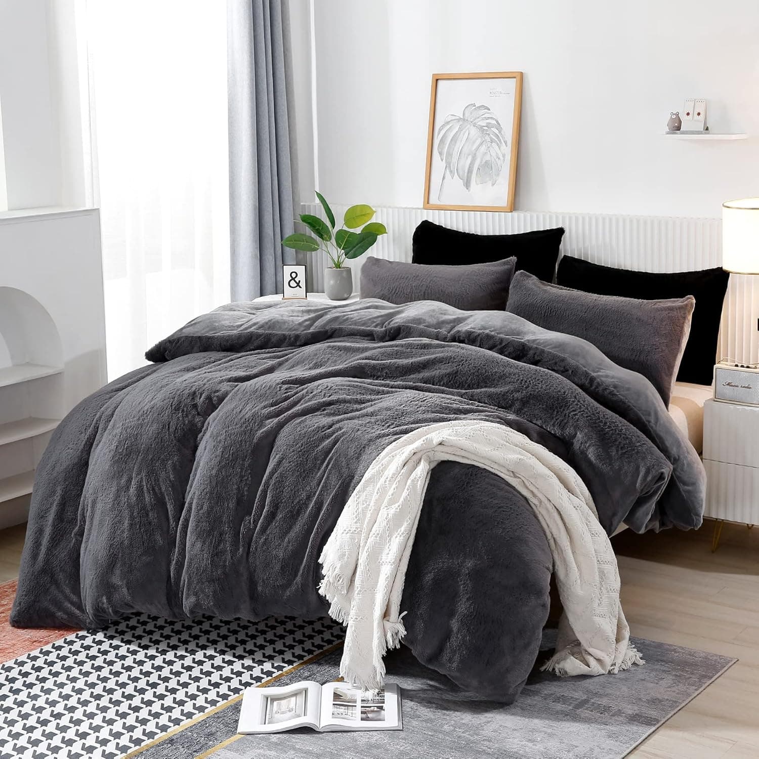 ULUSERN Fluffy Comforter Cover Set,Gray Twin,Fuzzy Faux Fur Comforter Bed Set 2pcs,1Duvet Cover + 1Pillowcase,Plush Shaggy Duvet Cover Set, Soft Crystal Velvet Bedding Sets with Zipper Closure