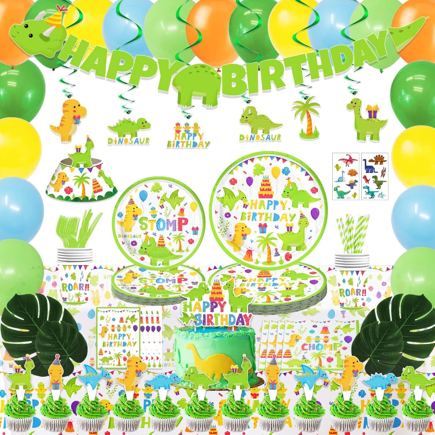 Dinosaur Birthday Party Supplies, 212 Pcs Dinosaur Dino Party Decorations for Boys Girls Baby - Banner, Cake and Cupcake Toppers, Forks, Knives, Spoons, Straws, Plates, Balloons, Invitation Cards, Tablecloth, Cups, Napkins