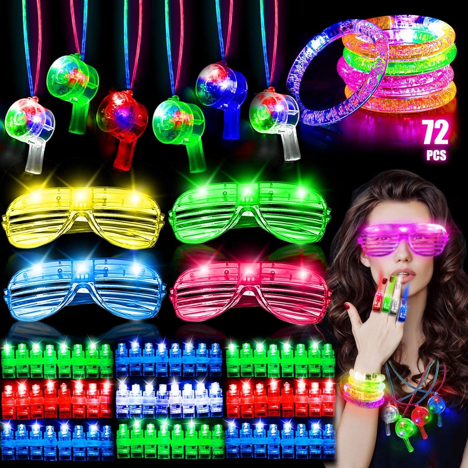 72 Pcs July 4th Glow Party Supplies for Kids Adults, LED Glasses Glow Sticks Bracelets Whistle Necklaces Finger Lights Glow in the Dark Party Supplies Birthday Neon 4th of July Party Favors