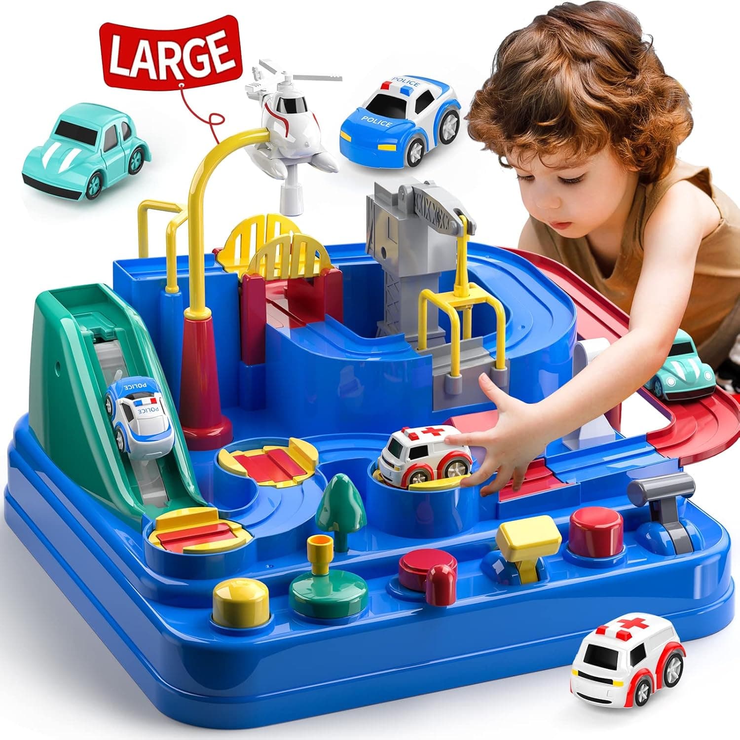 Kids Adventure Toy for 3 4 5 6 Year Old Boys Girls - Race Track Car Toys for Boys Age 3, Car Toys for Toddlers 2-4 Years, Educational Puzzles City Car Rescue Playsets Christmas Birthday Gifts