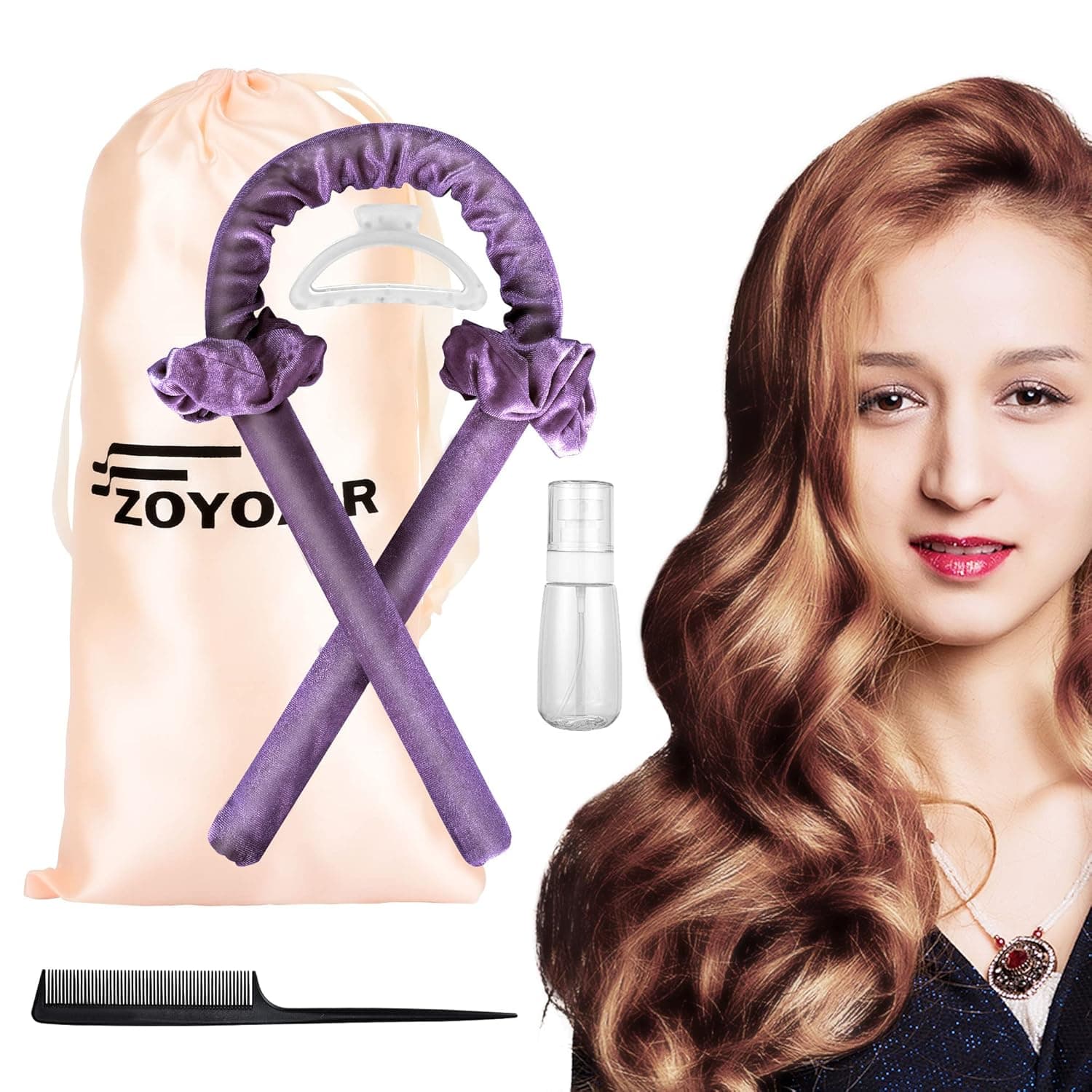 ZOYOAIR Heatless Hair Curler for Long Hair, No Heat Curling Ribbon and Curling Rods Roller Kit Bow Tools for Natural Hair (Purple)