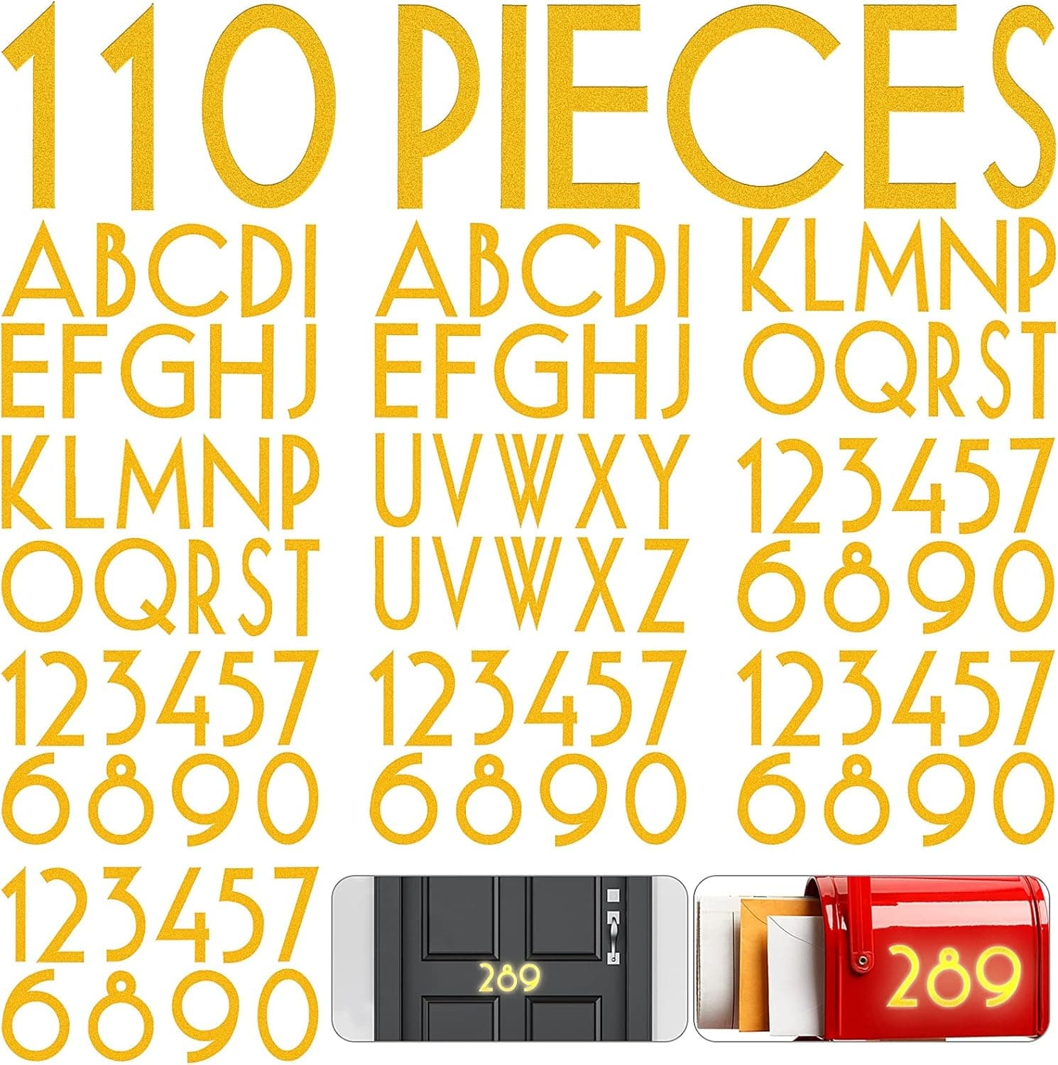 110 Pieces Vinyl Reflective Mailbox Number Sticker Adhesive Capital Letter Sticker Waterproof Street House Address Number Decal for Residence Apartment Office Room Door Hotel Car (Gold,3 Inch)