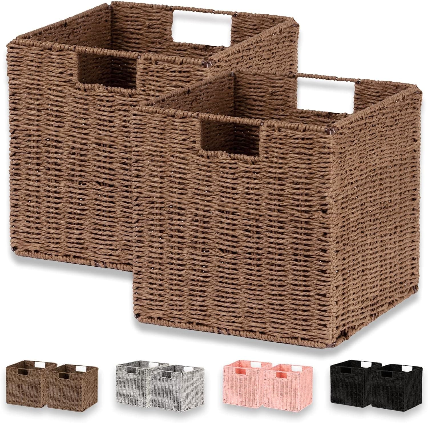 Vagusicc Wicker Baskets, Set of 2 Hand-Woven Paper Rope Storage Baskets, Foldable Cubby Storage Bins, Large Wicker Storage Basket for Shelves Pantry Organizing & Decor, Brown (11″×11″×11″)