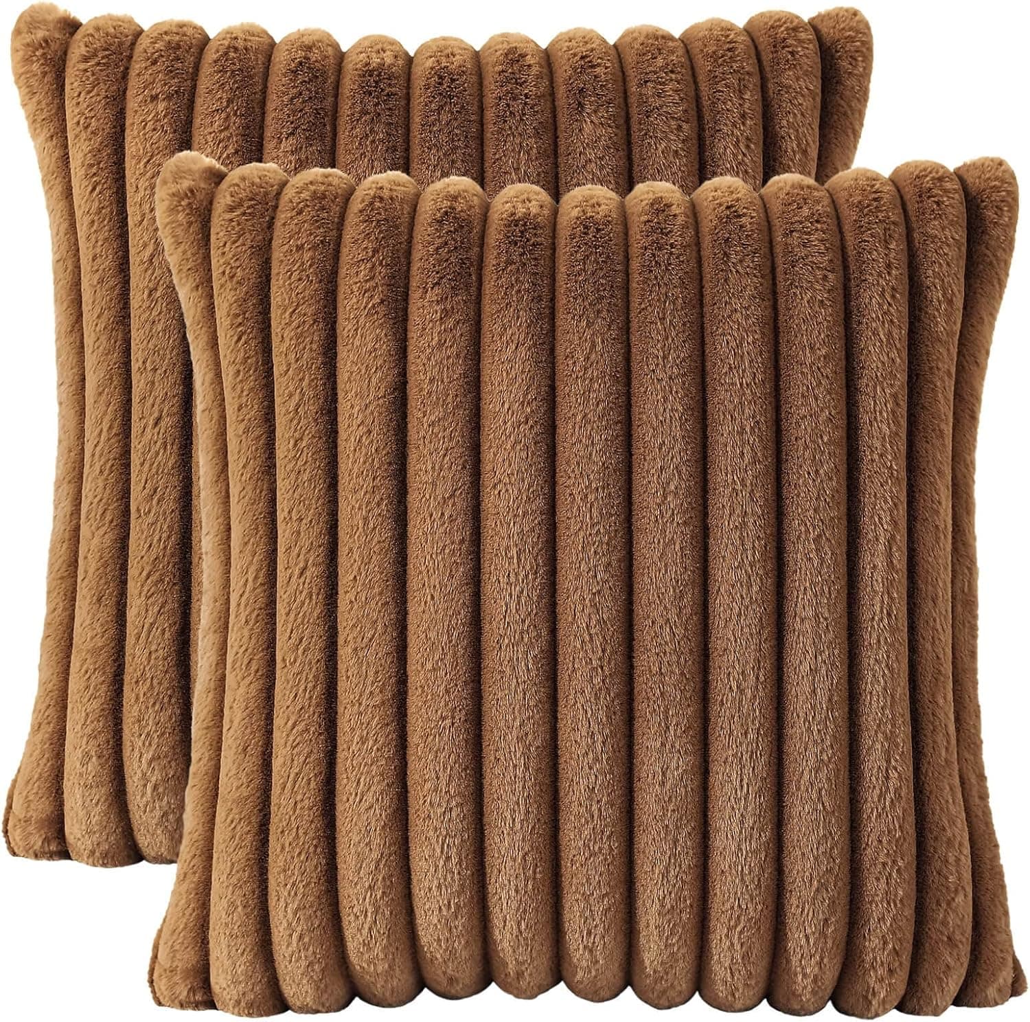 AmHoo Pack of 2 Decorative Throw Pillow Covers Faux Rabbit Fur Cozy Velvet Super Soft Fuzzy Striped Set Case Cushion for Couch Sofa Bedroom 18 x 18-Inch Brown