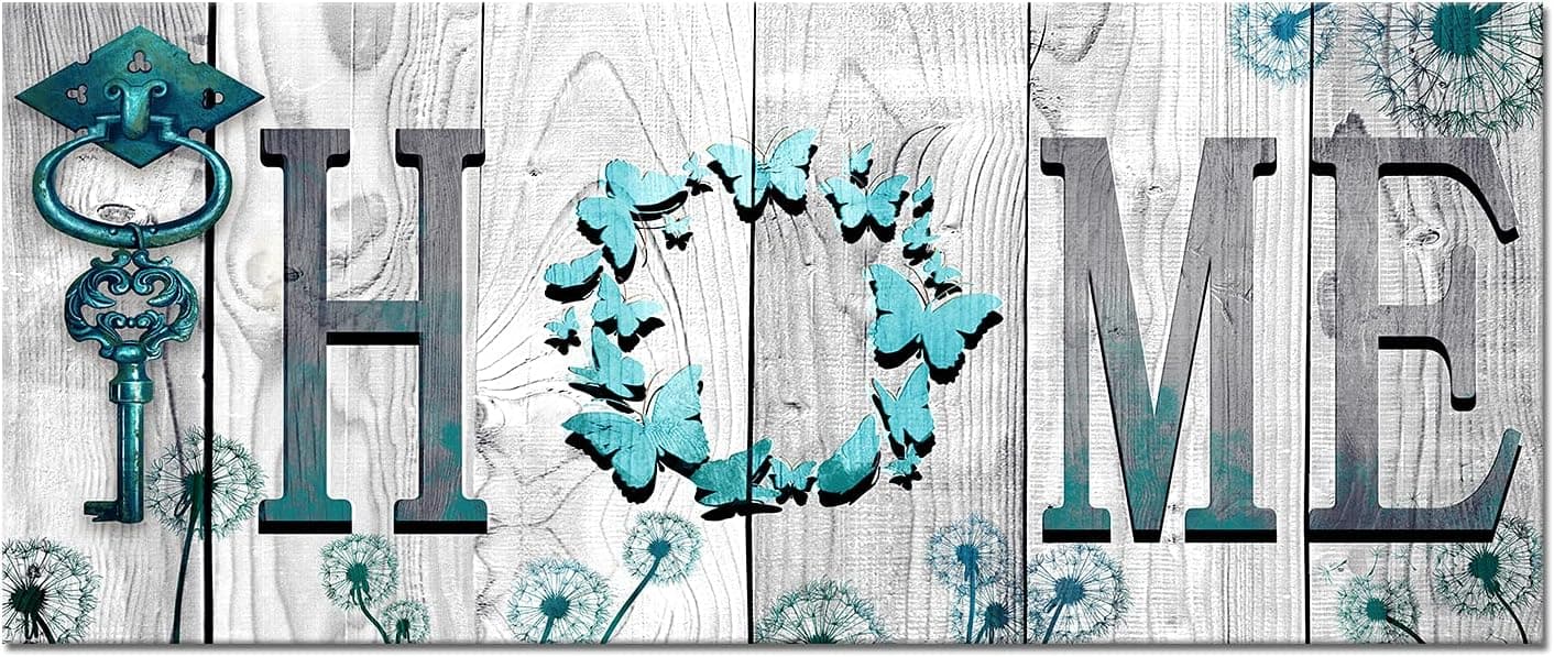 WELMECO Large Rustic Teal Blue Home Canvas Wall Art Home Sweet Home Butterfly with Dandelion Flowers Picture Prints Framed Artwork for Living Room Bedroom Kitchen Decoration 20x48