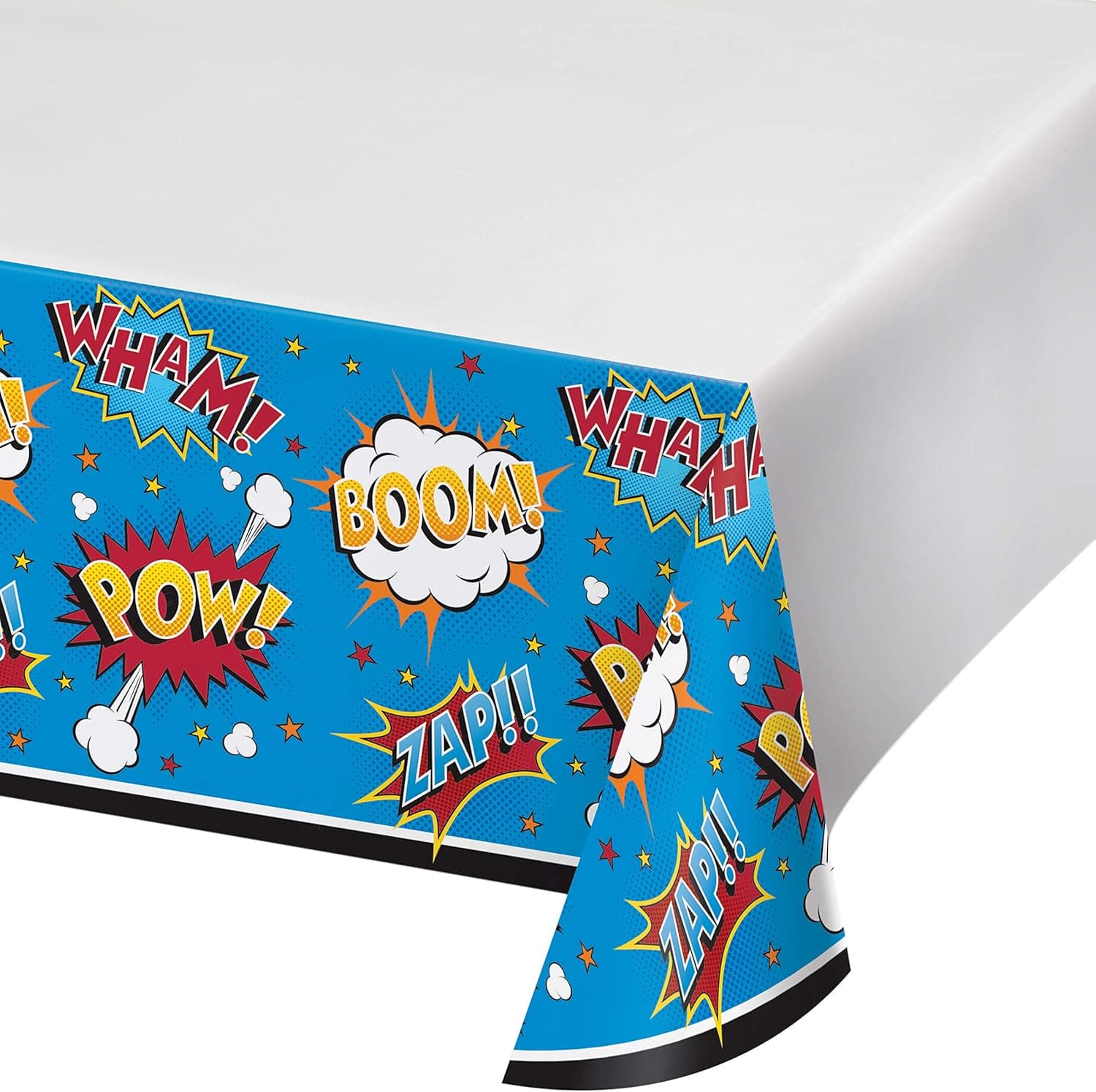 Creative Converting Superhero Slogans Printed Plastic Tablecover Party Supplies, Multicolor, 48" x 88"