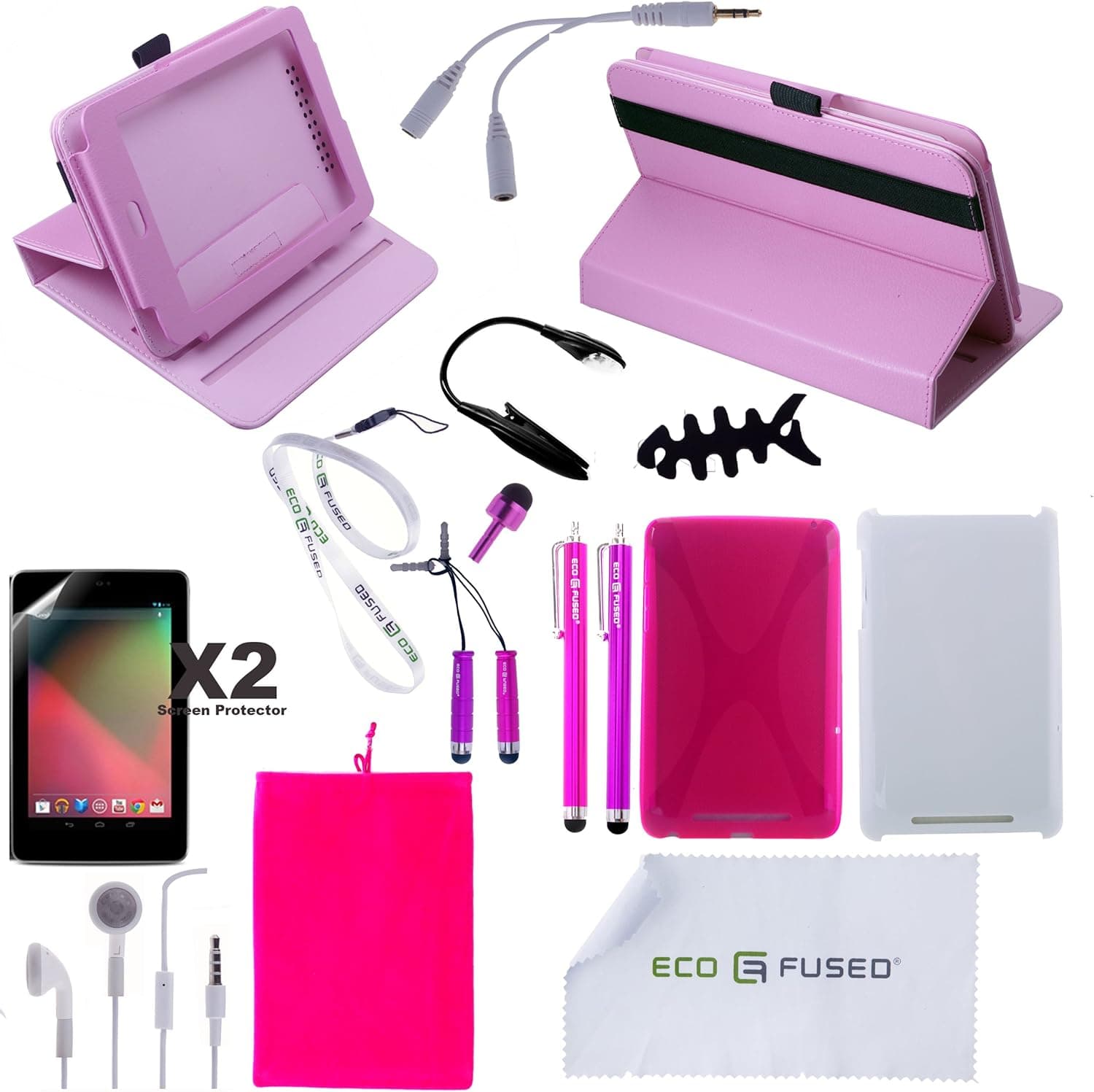 Nexus 7 (First Generation 2012） Accessory Bundle including Rotating Faux Leather Case / TPU Case / Hard Case / Stylus Pens / Earphones / Screen Protectors / LED Reading Light / Storage Bag / Wire Collector / Lanyard / ECO-FUSED® Microfiber Cleaning Cloth (Pink)