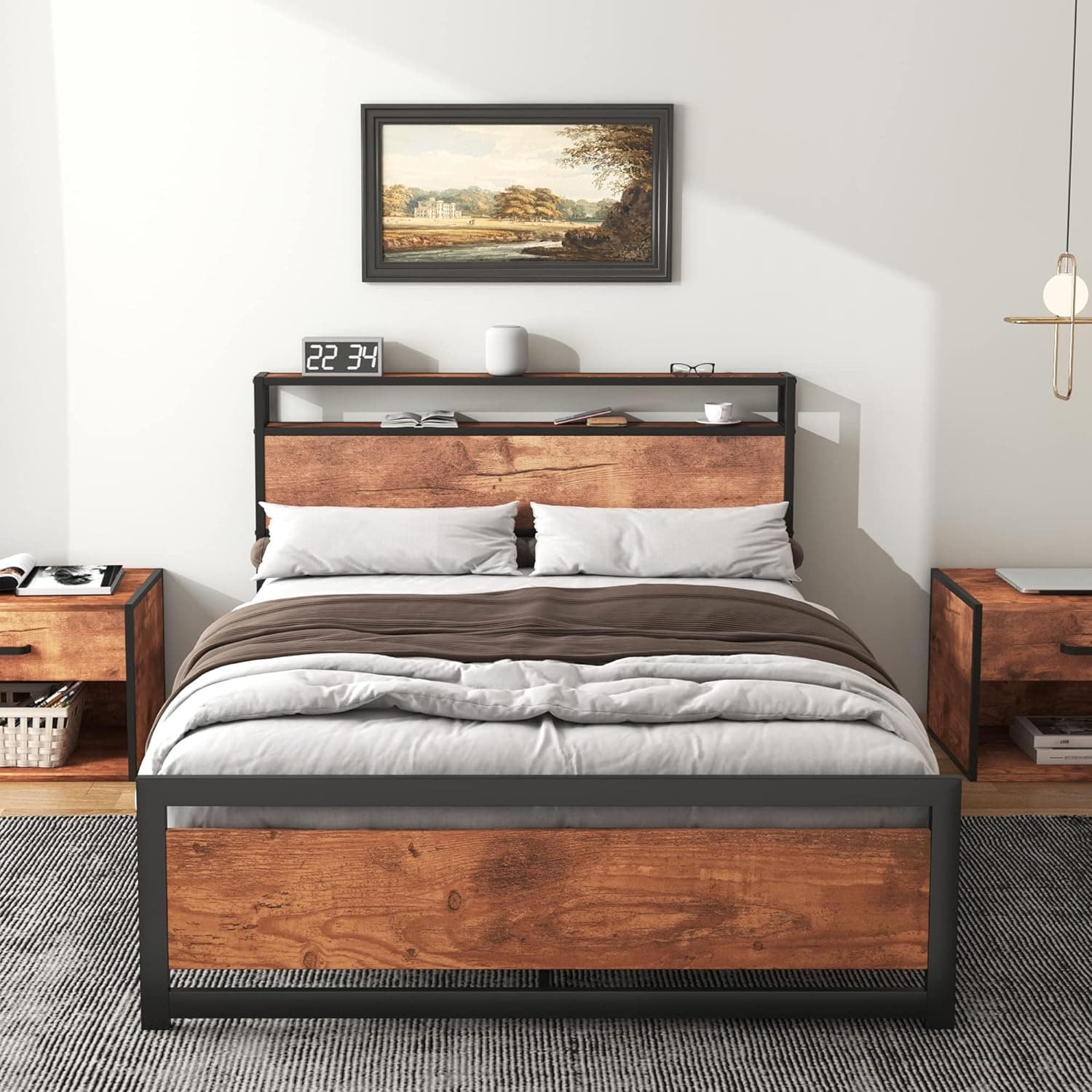 Queen Bed Frame, Osfvolr Industrial Metal Platform Bed Frame with 2 Tier Storage Wooden Headboard and Footboard, Large Under Bed Storage, Noise Free, No Box Spring Needed, Easy Assembly, Vintage Brown