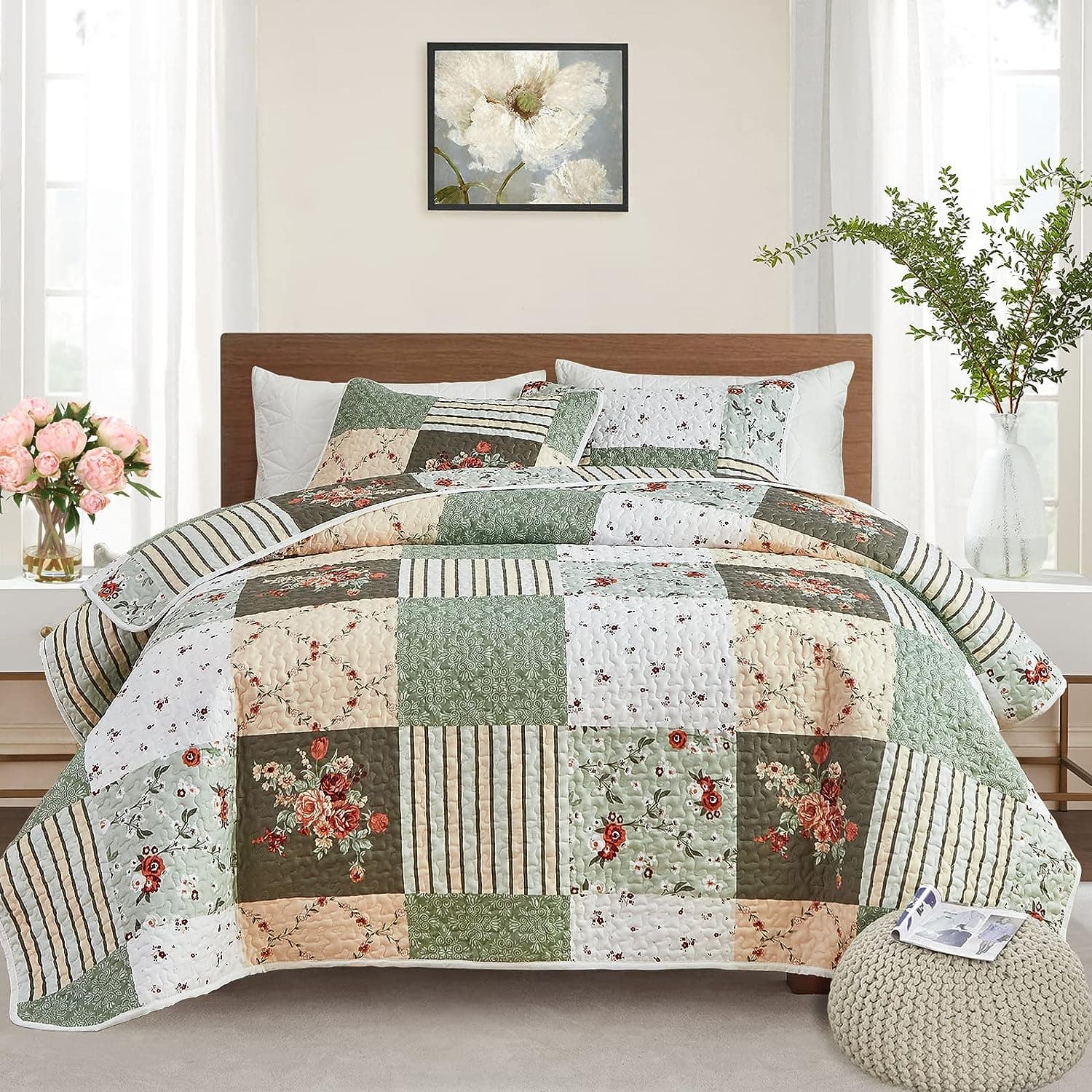 Flysheep Floral Patchwork Quilt Set 3 Pieces King Size, Green Plaid Reversible Bedspread Coverlet Set, Soft Microfiber Lightweight Bed Cover for All Season (102" x 90", 1 Quilt+ 2 Pillow Shams)