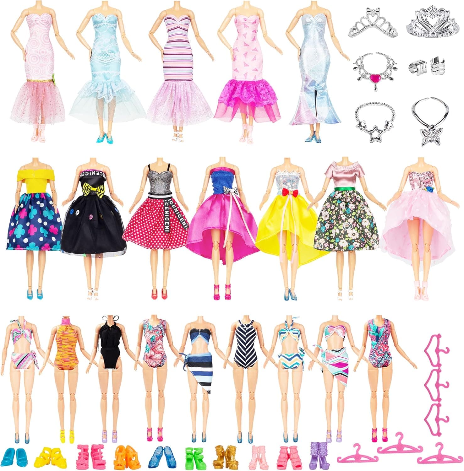 Doll Clothes and Accessories - 34 Items Unique H-Douture, 5 Party Dress, 3 Beautiful Fishtail Skirt and 3 Quality Swimsuit, Hanger Crown Necklace Bracelet Pack and 10 Shoes