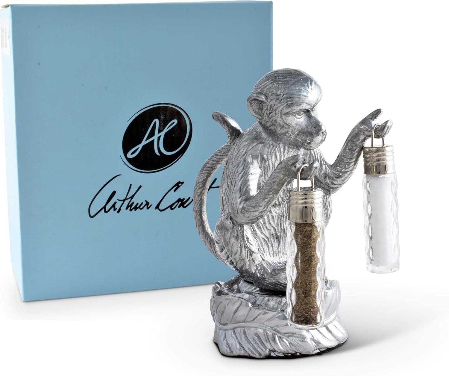 Arthur Court Designs Aluminum Monkey Stand for Glass Hanging Salt and Pepper Artisan Quality Hand Polished Tall S/P Shaker 6.5 inch Tall