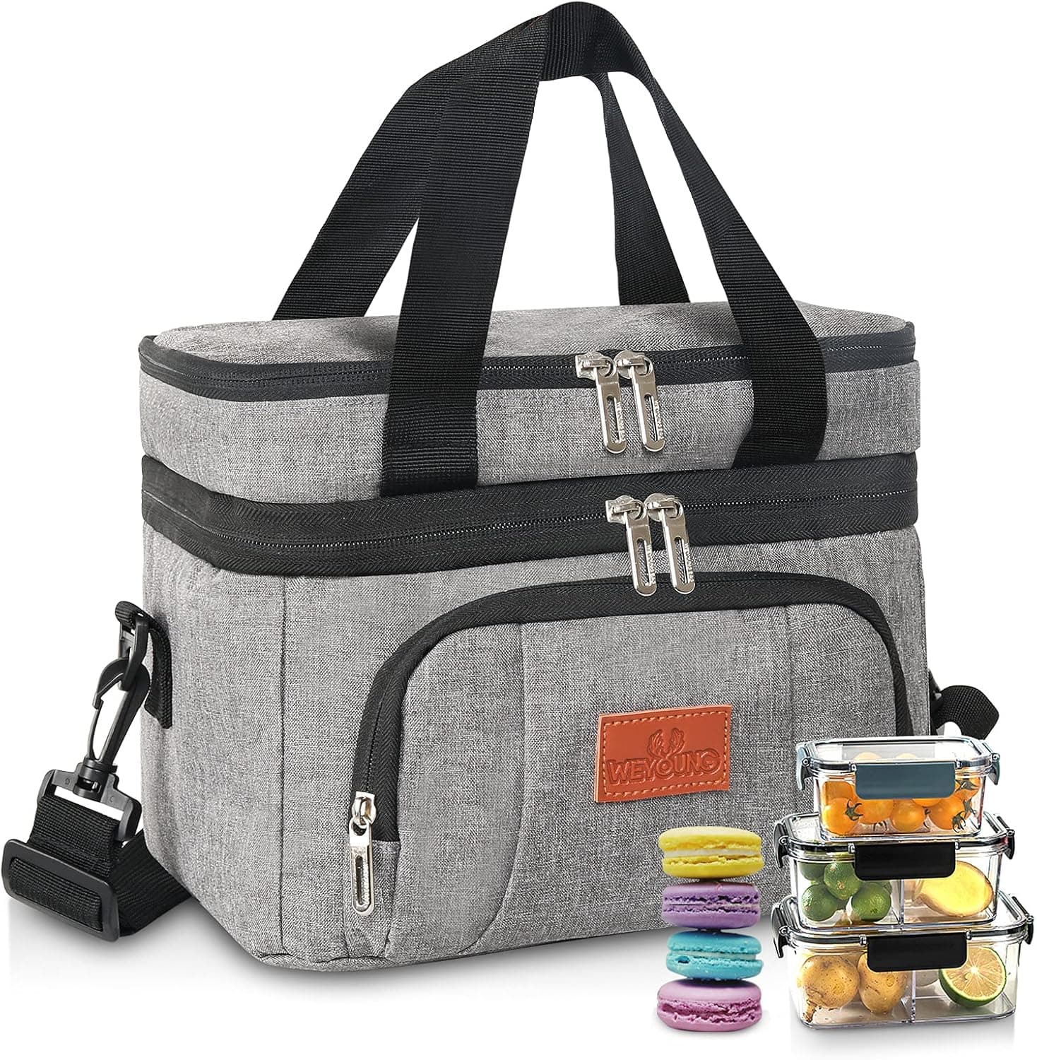 Yeruubi Insulated Lunch Bag【Double Layer】【100% Leakproof】 10L Deck Compartment Lunch Box【Easy to clean】 Wide-Open Tote Bag Thermal Lunch Box with Adjustable Shoulder Strap for Women/Men Gray