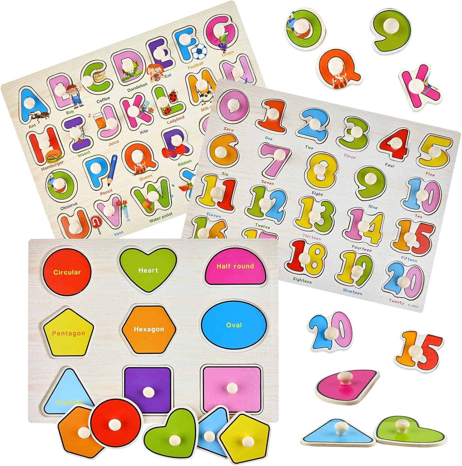 3 Pack Wooden Peg Puzzles for Toddlers 2 3 4 5 Years Old, Montessori Alphabet Number Shape Puzzles Preschool Educational Pegged Puzzle Gift for Kids, Toddlers, Babies