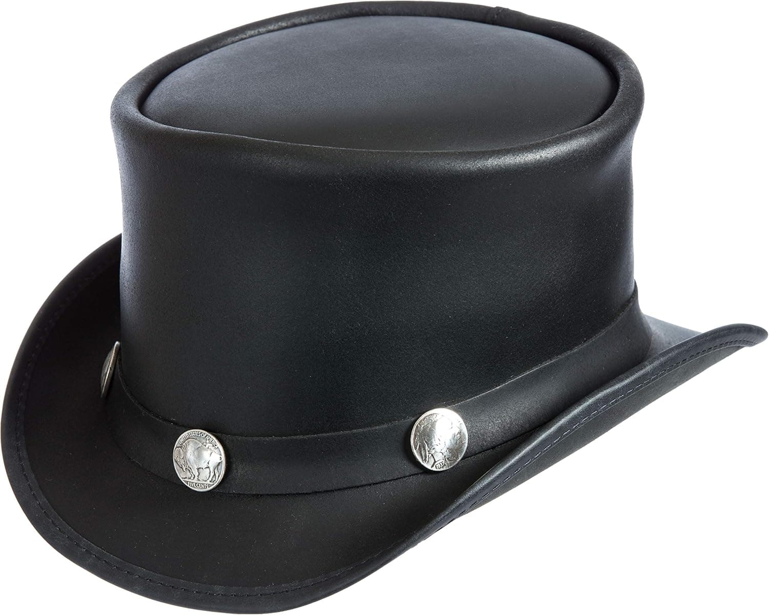 Steampunk El Dorado Leather Top Hat with Buffalo Nickels Black