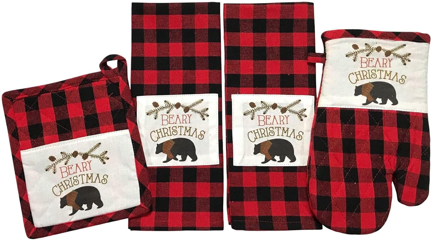 Winter Bear Christmas Kitchen Towel and Pot Holder Set: Traditional Red Black Check with Beary Christmas Patch