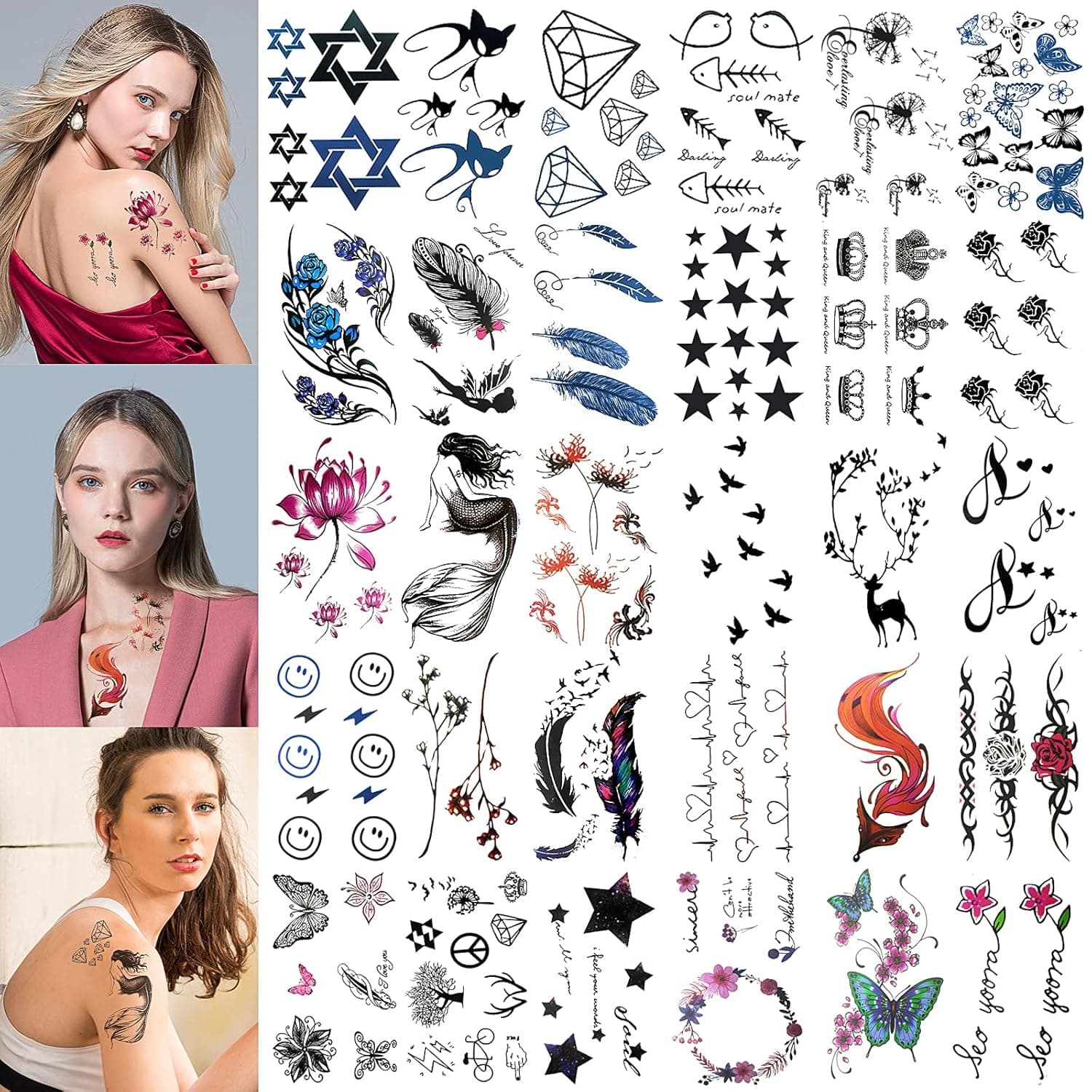 30 Sheets Tiny Waterproof Temporary Tattoos,Various Stars,Feathers Mixed Style Lasting Body Art Fake Tattoos for Men Women Girls Kids
