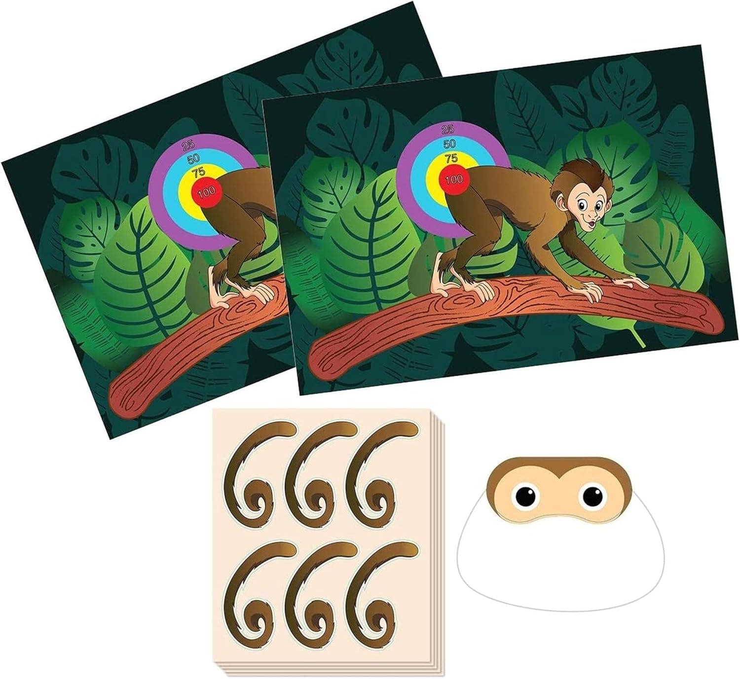 Pin The Tail on The Monkey Birthday Game - Jungle Theme Party Supplies, Zoo Party Favors, Fun for All Ages, 2 Game Posters, 1 Blindfold Mask, 5 Sheets, 30 Tail Stickers