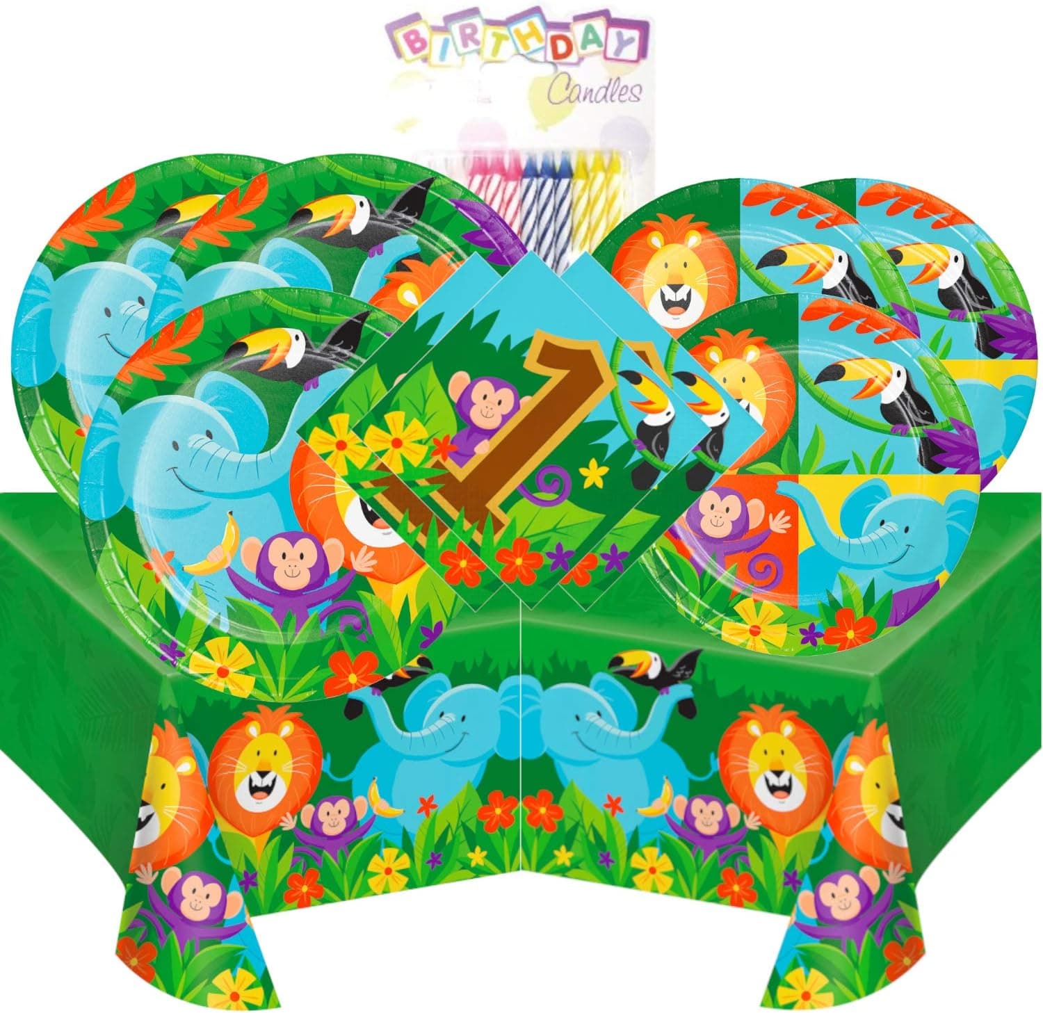 Jungle Safari 1st Birthday Themed Party Pack – Includes 24 9" and 24 7" Paper Plates, 48 Luncheon Napkins, 2 Matching Table Cloth, Plus 24 Birthday Candles – Serves 24
