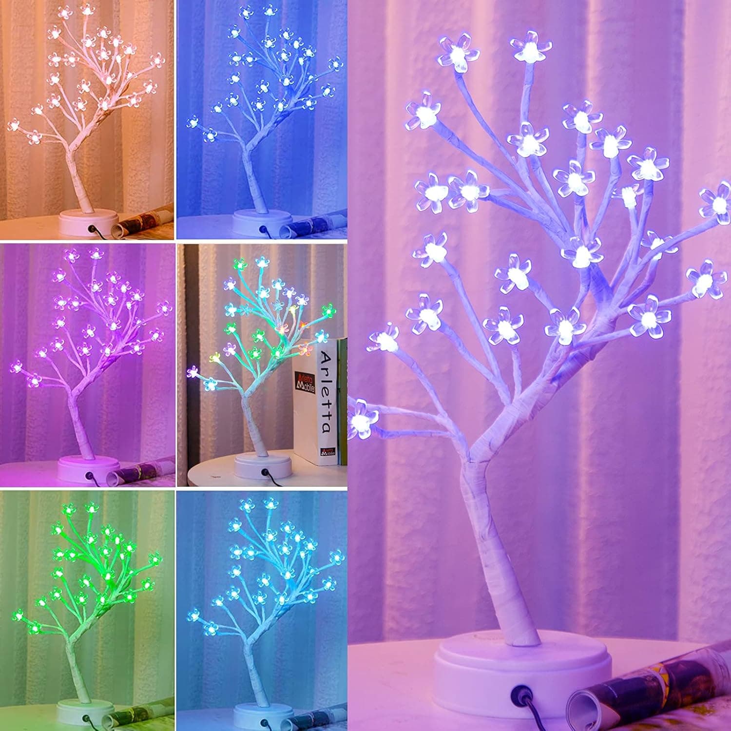 Pooqla RGB Cherry Blossom Tree Light with Remote 16 Color-Changing LED Artificial Flower Bonsai Tree Table Top Lamp Home Lit Tree Centerpieces Halloween Christmas Decoration 24 LED, White Branch