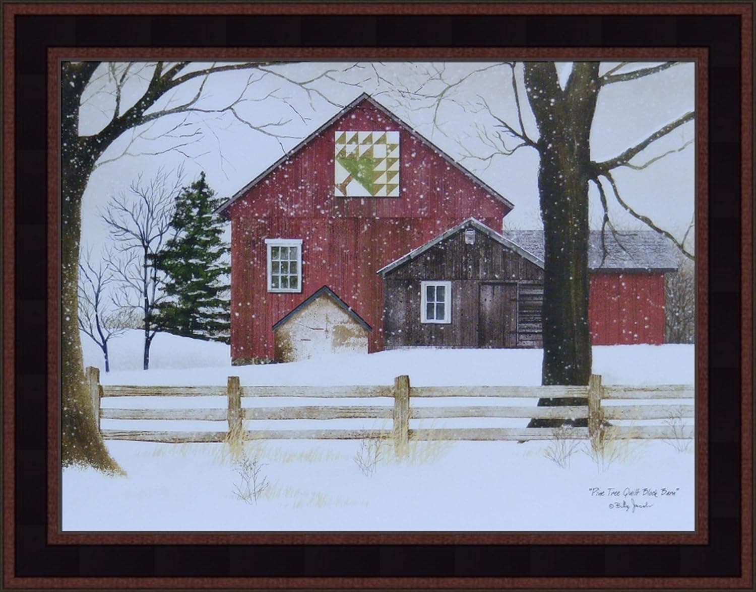 Home Cabin Décor Pine Tree Quilt Block Barn by Billy Jacobs 15x19 Red Barn Snow Snowing Winter Landscape Primitive Folk Art Print Framed Picture