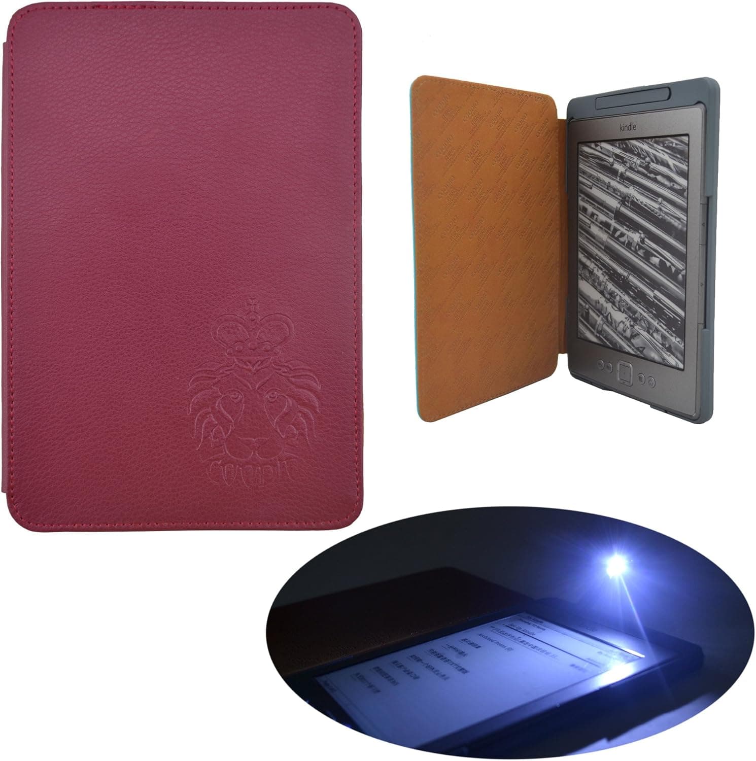 Coodio® Amazon Kindle 4 Lighted Genuine Leather Cover with Built-in-LED Light (Advanced Version) (Kindle 4, Wine Purple)