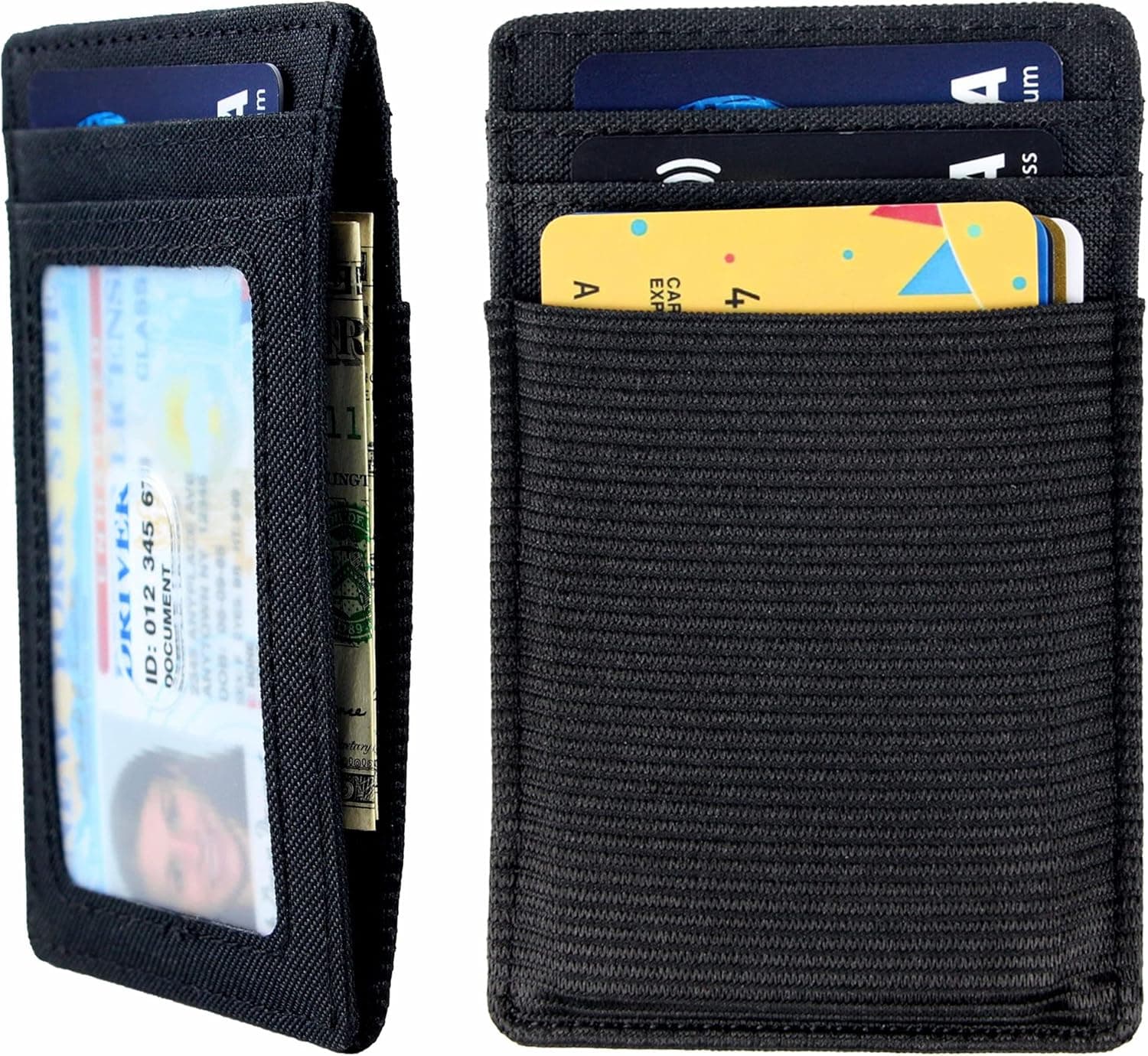 Walaufsti Slim Minimalist Wallet for Women Men, RFID Elastic Wallet for Front Pocket, Small Wallet with 1 Elastic Card Slot (Black)