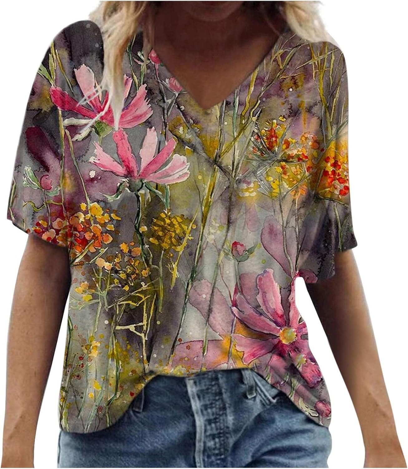 Womens Summer 3/4 Sleeve T Shirts Casual Tops Fashion Loose Floral Print Tunic Tees Plus Size Tank Tops