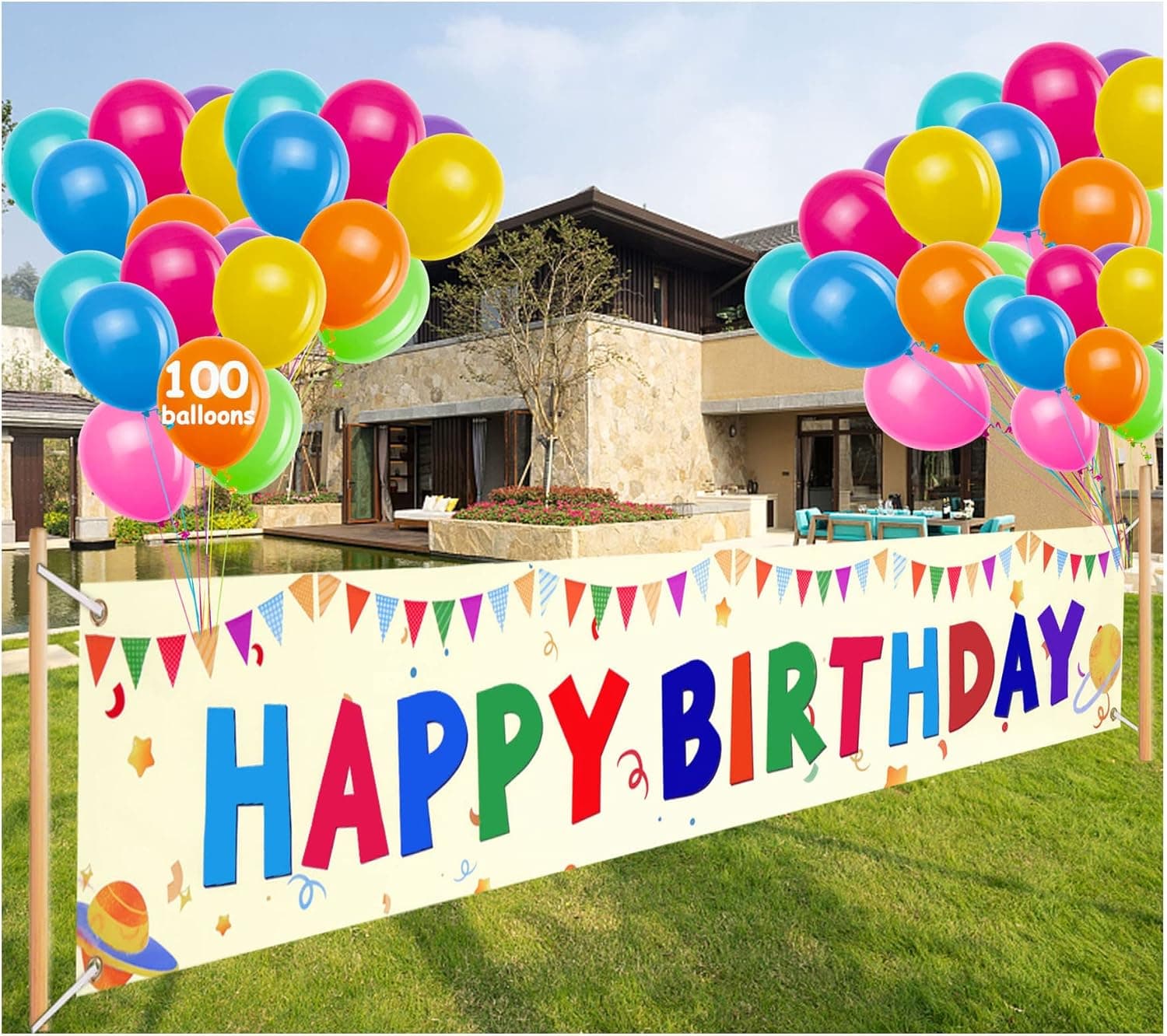 Large Colorful Happy Birthday Yard Banner Sign - 118" x 19.7" Happy Birthday Yard Party Banner with 100 Pcs Balloons Banner Birthday Decorations for Kids Birthday Party Decorations