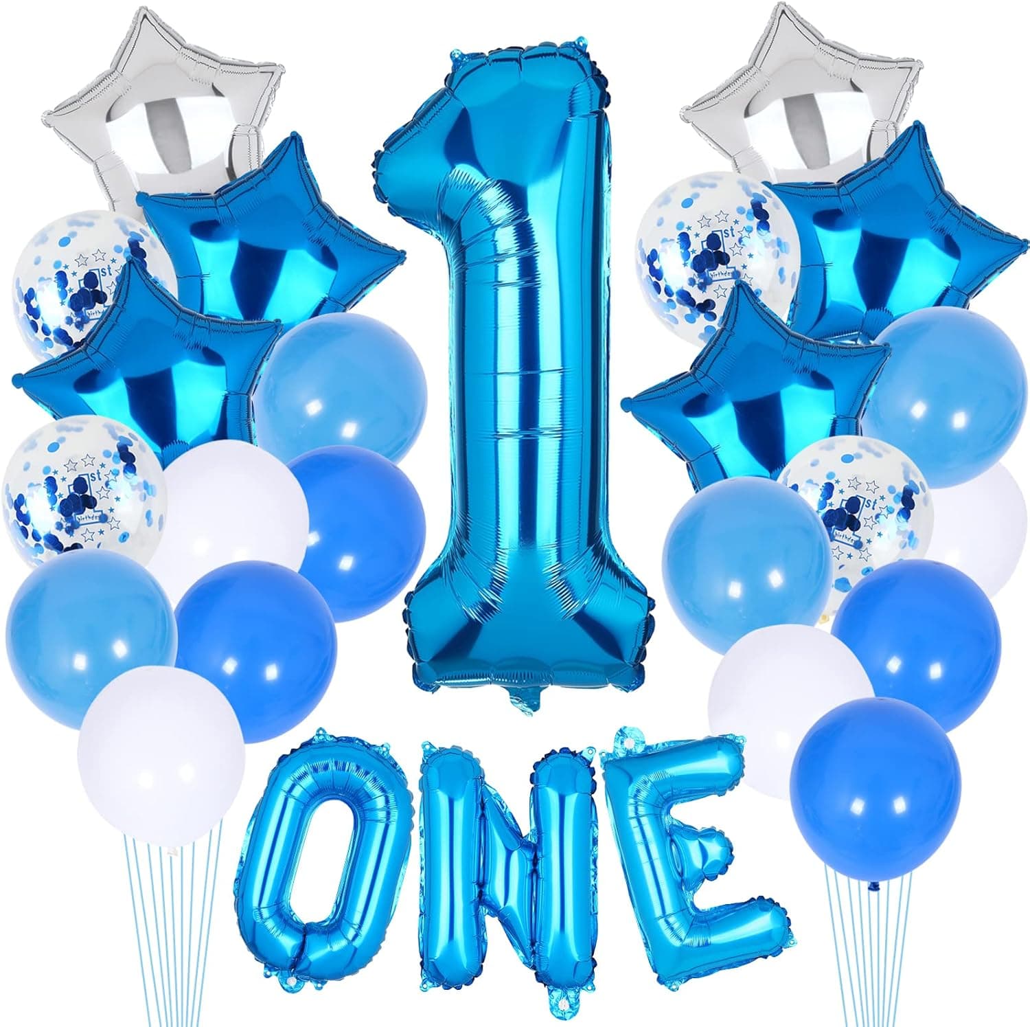 Blue 1st Birthday Balloons Boys Set Number 1 One Theme First Birthday Party Supplies Decorations Mylar Confetti Balloon 40 Inch
