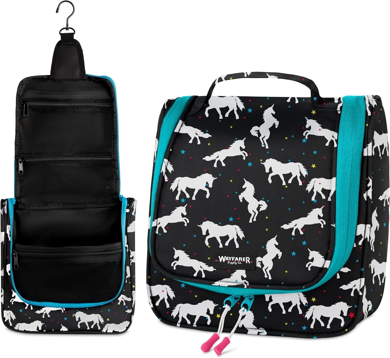 Wayfarer Supply Hanging Travel Toiletry Bag - Large Cosmetic Bag Organizer for Toiletries, Makeup and Shaving Supplies - Cruise and Travel Essentials for Women & Men, Black with Unicorn Pattern
