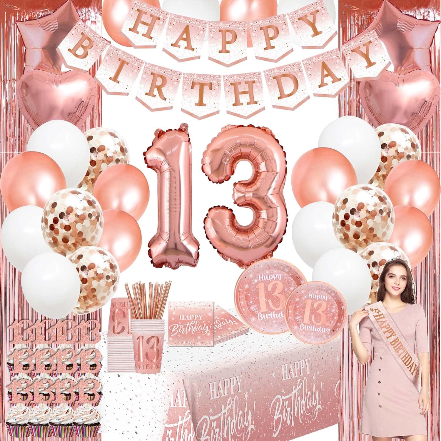 13th birthday decorations for girl - (Total 166pcs) rose gold banner,Foil Backdrops ,Balloons,Plates and Napkins,Cups,cupcake Topper,Straws,tablecloth for 24 Guests