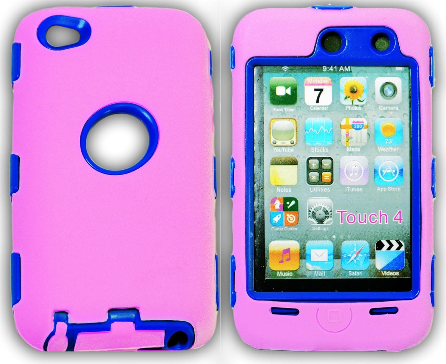 myLife Light Pink + Royal Blue Armored (Built-In Screen Protector) Survivor Shockproof Case for iPod 4 (4G) 4th Generation iTouch (Full Body Armor Outfit + Soft Silicone External Shock Proof Gel + 2 Piece Internal Snap On Shield)