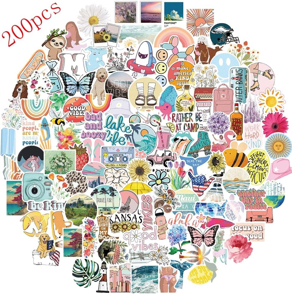 HCNOCNB Vinyl Cute Stickers for Vsco Girls(200pcs) Waterproof Stickers for Water Bottles Girls Kids Teens,Colorful Aesthetic Stickers for Hydro Flask