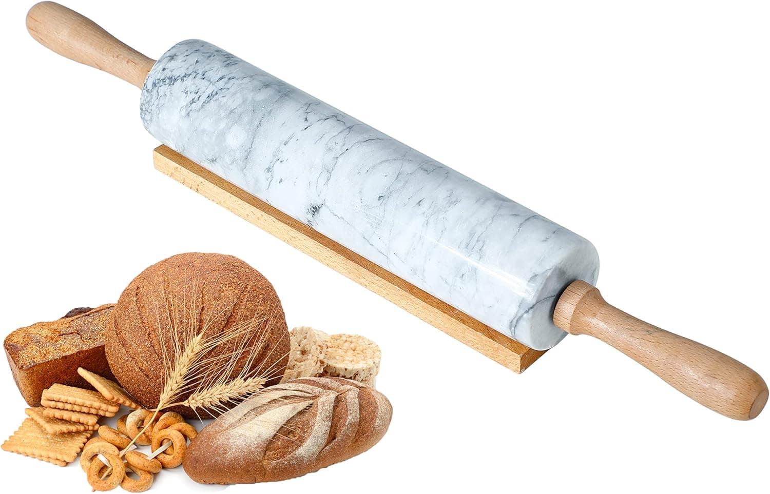 SNUGROM Marble Rolling pin for baking,Dough Rolling Pin Non Stick with Cradle,Large Non Stick Roller Pin,White 16 inch Long FB150SM