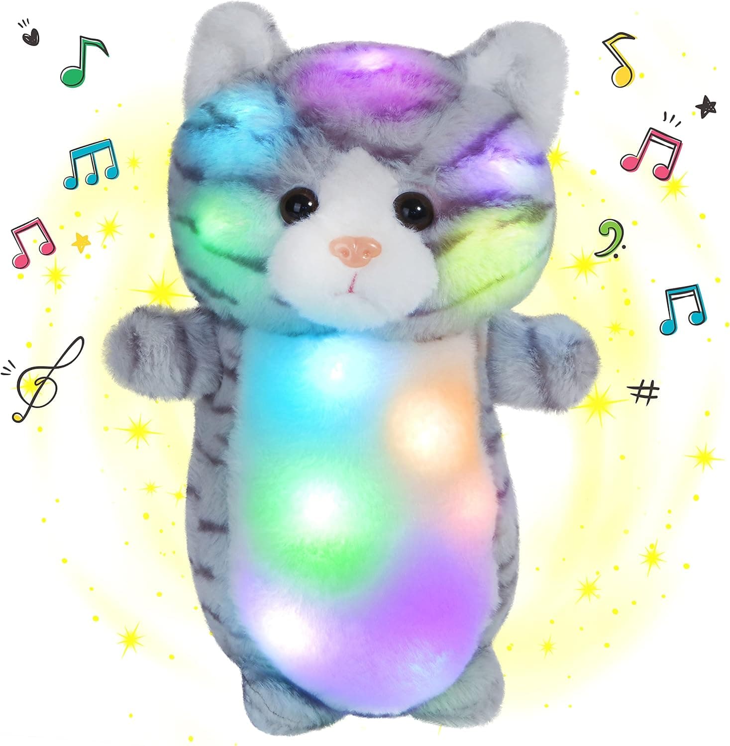 SpecialYou LED Musical Stuffed Kitty Plush Toy Pillow with Nights Glow Songs Birthday Holiday for Toddler Kids, Gray, 12''