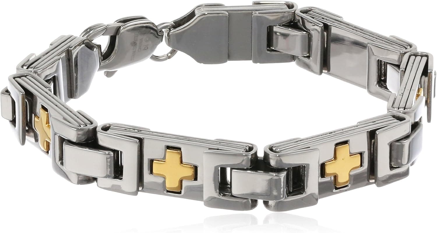 Amazon Collection Men's Stainless Steel Two-Tone Link Cross Bracelet