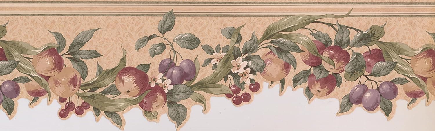 Cream Green Apples Cherries Floral Wallpaper Border 103721 CV
