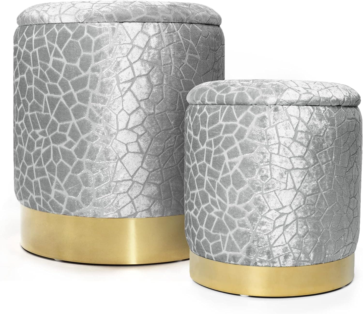 INSPI DECOR Set of 2 Storage Ottoman, Round Ottoman with Storage, Abstract Storage Ottoman for Living Room, Storage Ottoman for Bedroom, Gold Ottoman with Storage-Gray
