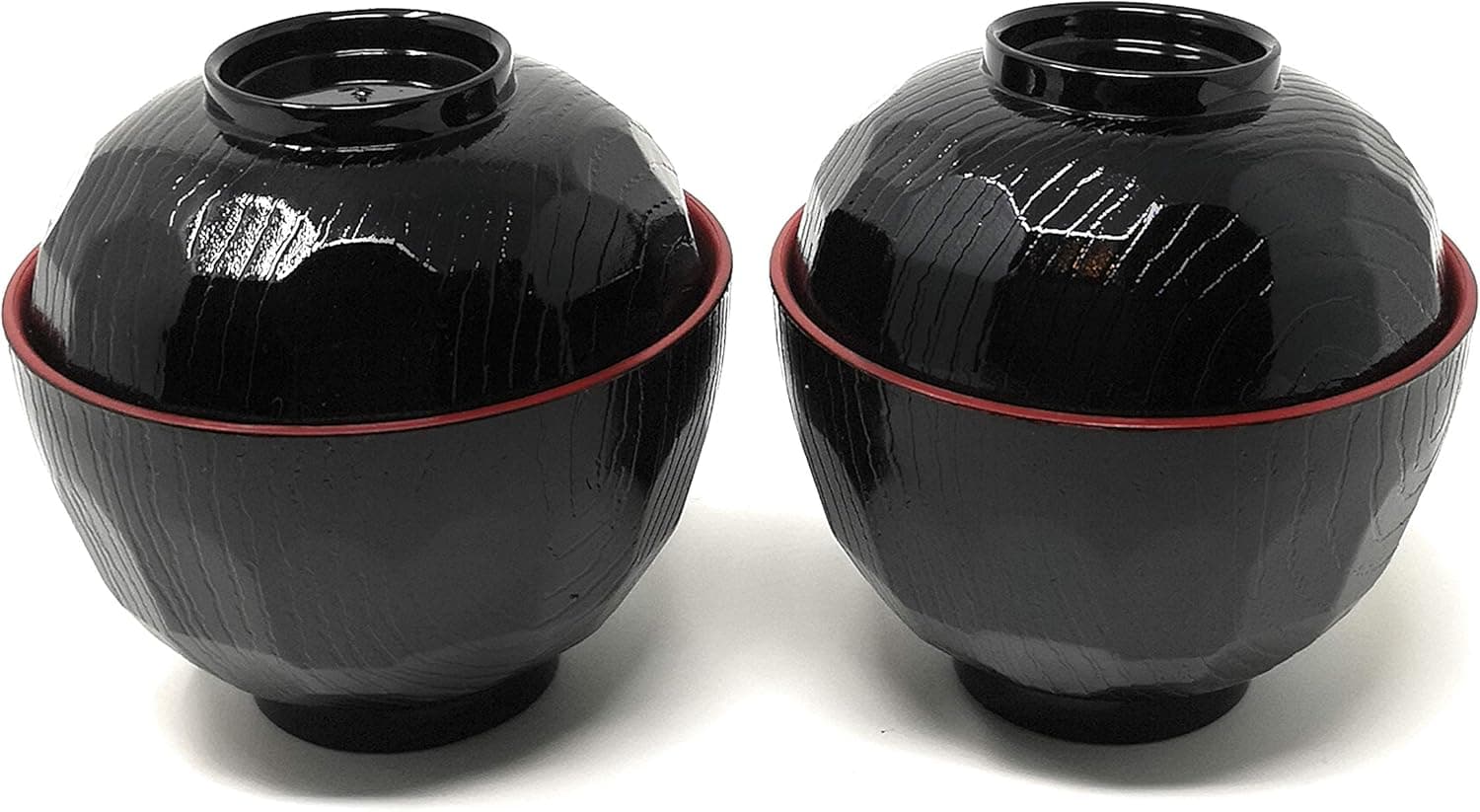 ASIAN HOME Japanese Rice and Soup Bowls With Lid, Black and Red, for rice, miso soup, 4.33" x 3.94", 8.4 oz. (2 Bowls)