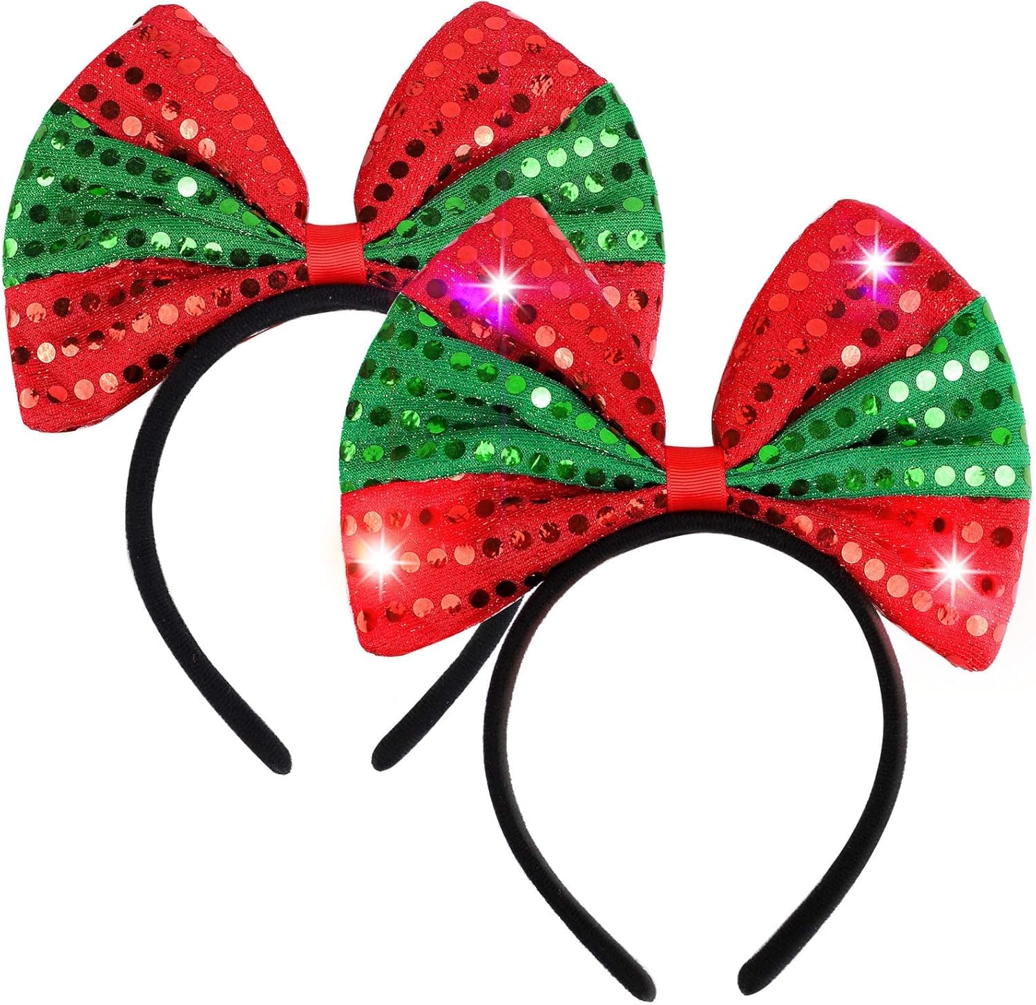 URATOT 2 Pack LED Christmas Bow Headband Light Up Red Christmas Bow Headband Costume Hair Hoop