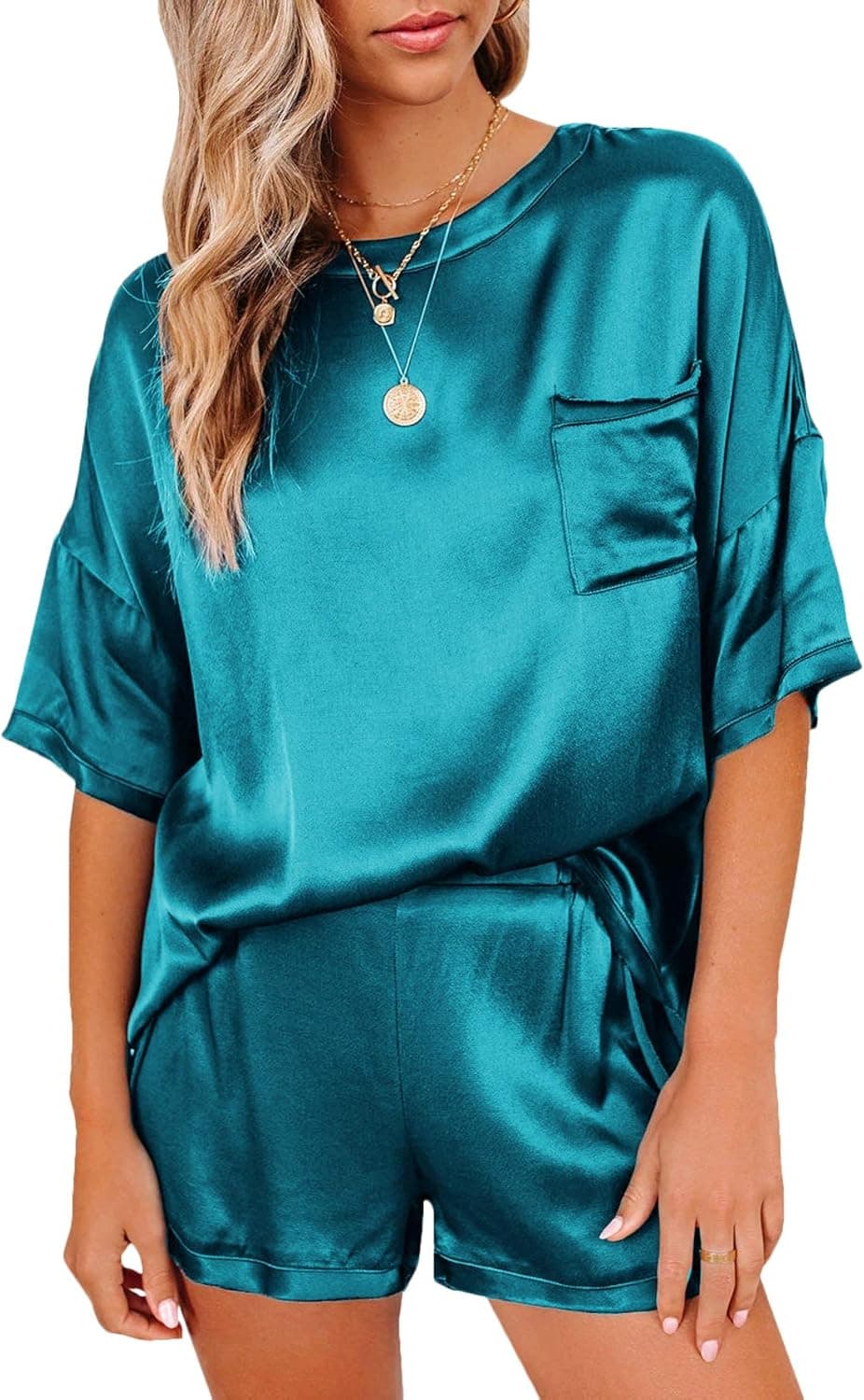 LYANER Women's Satin Silky Pajama Set Short Sleeve T-shirt With Shorts Set PJ Loungewear Teal Blue Medium