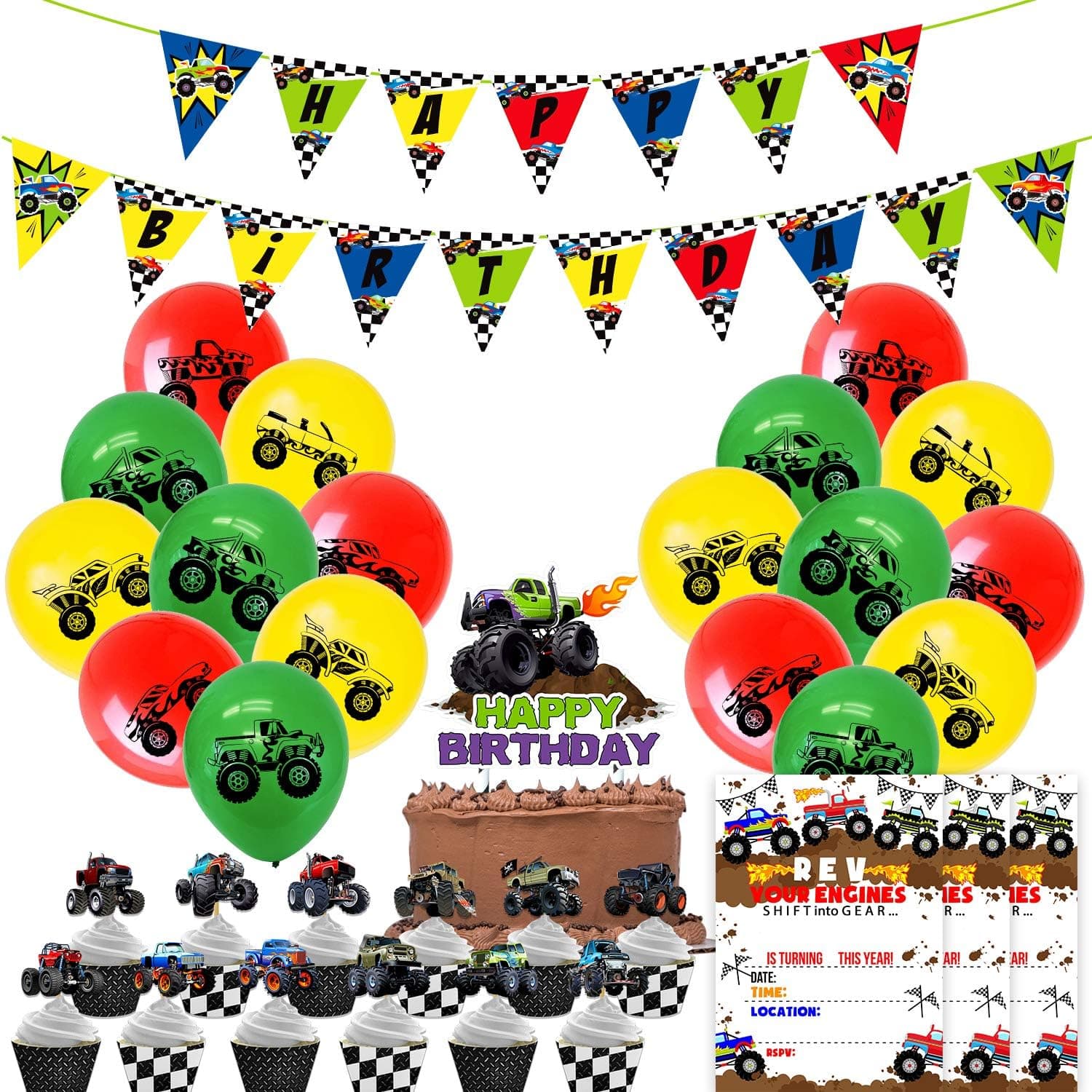 Nelton Birthday Party Supplies For Trucks Includes Banner - Cake Topper - 24 Cupcake Toppers - 18 Balloons - 15 Invitations
