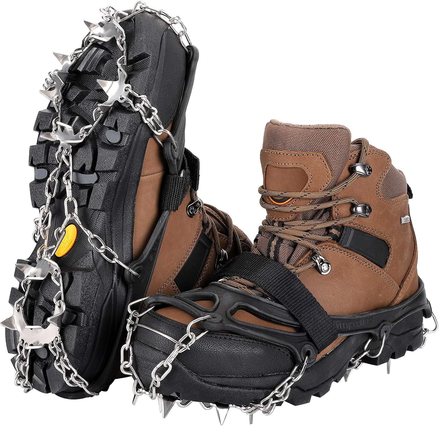 Crampons Ice Cleats Traction Snow Grips with 19 Spikes for Women Men Kids Boots Shoes Safe Protect Lightweight Crampons, Hiking, Walking, Climbing, Jogging Mountaineering on Ice and Snow