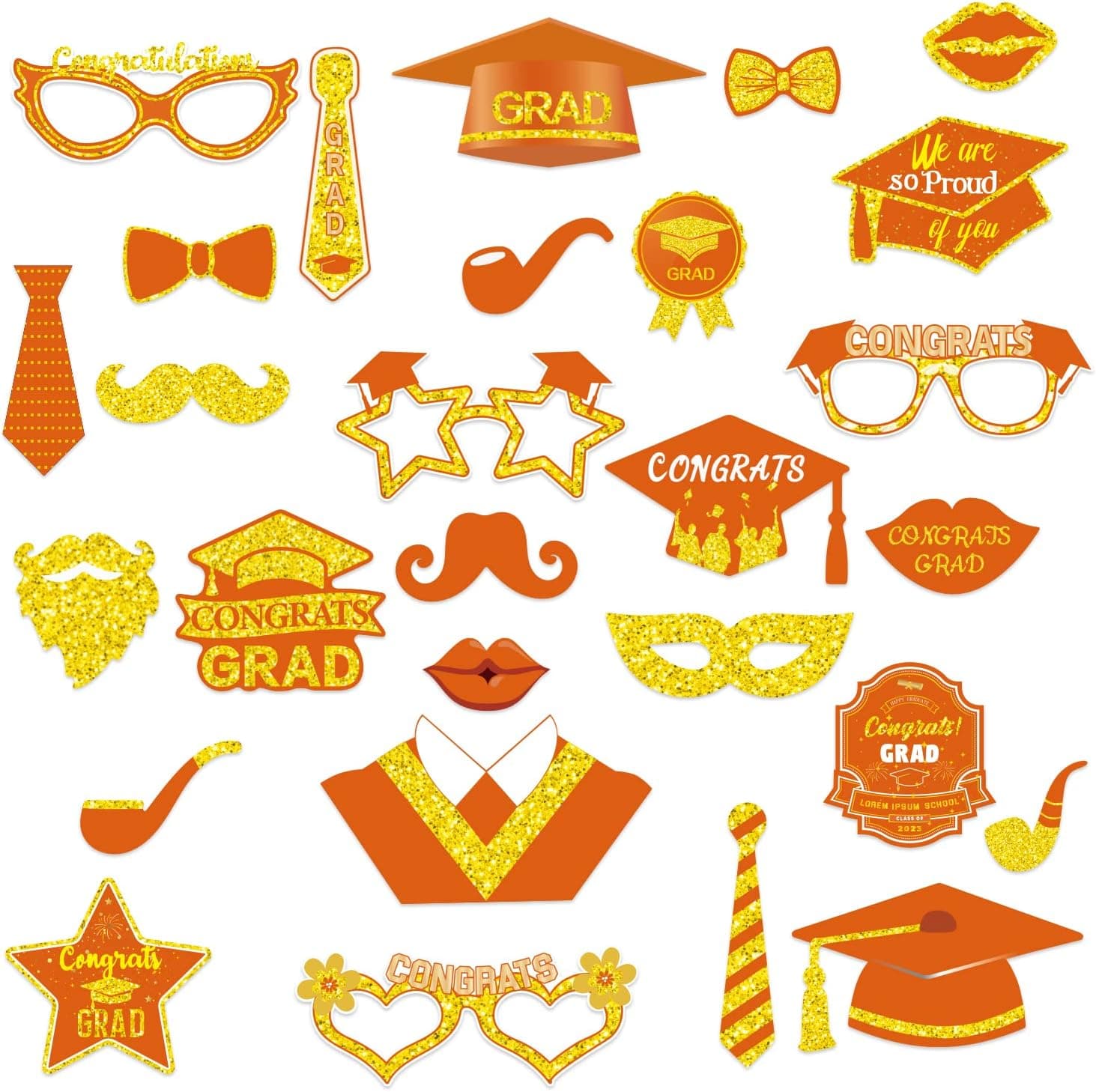 Graduation Photo Booth Props Class of 2023 for Photoshoot Picture Props Pose Sign Kit Party Decorations Orange and Gold Party Supplies- Easy to Assemble 28 Pieces