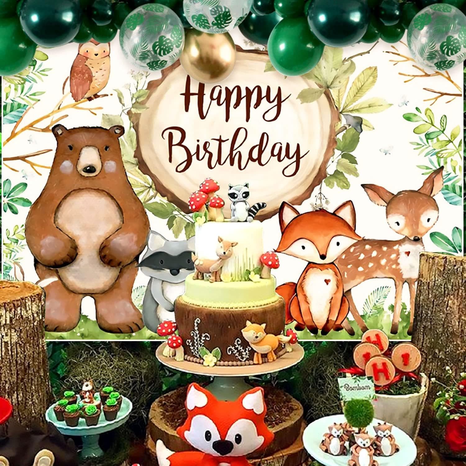 JeVenis 63 PCS Woodland Birthday Party Supplies, Woodland Animals Birthday Party Decoration, Woodland Animals Birthday Backdrop, Woodland Birthday Party Favors